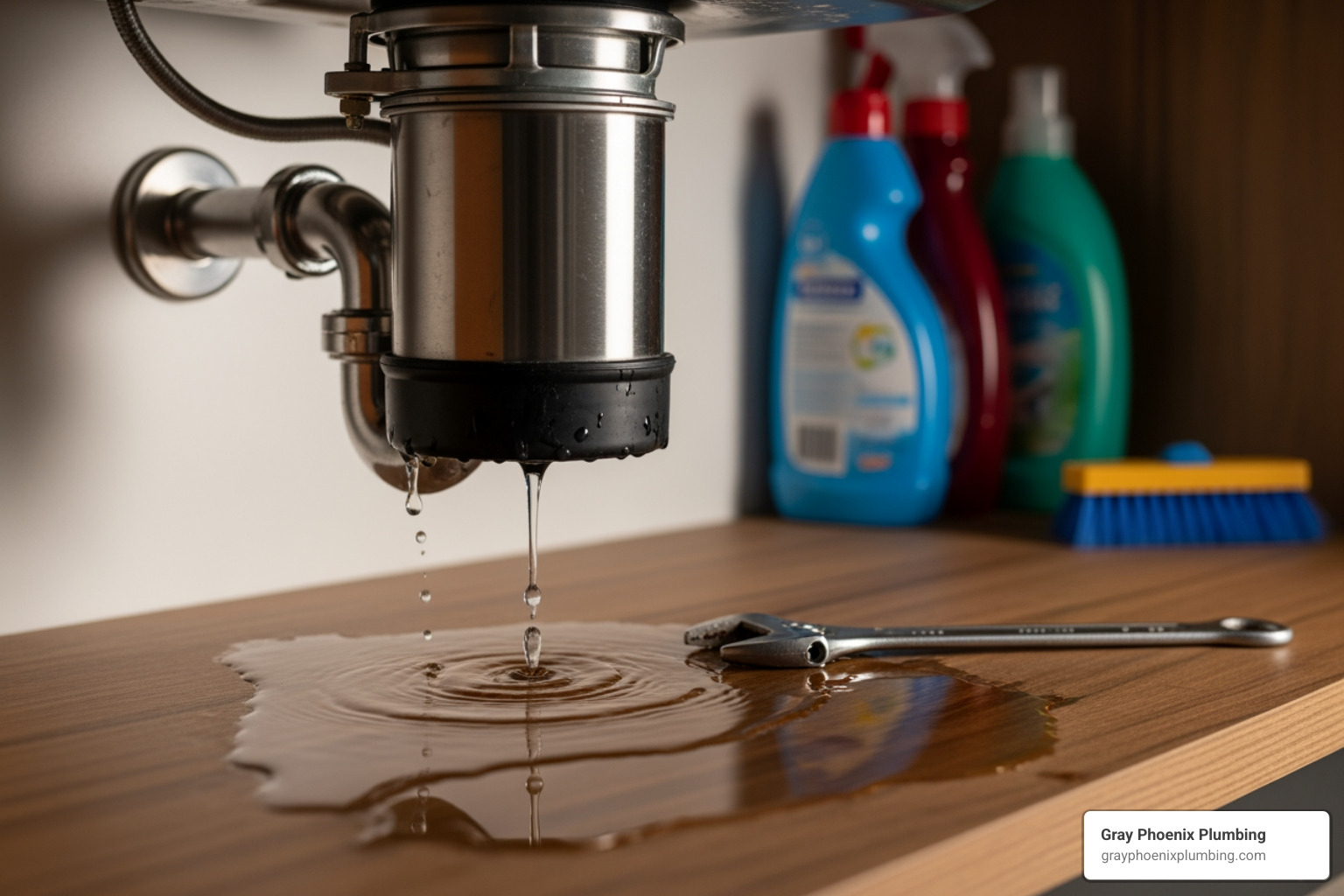 water leaking from under a kitchen sink near a garbage disposal - Garbage disposal repair Denver