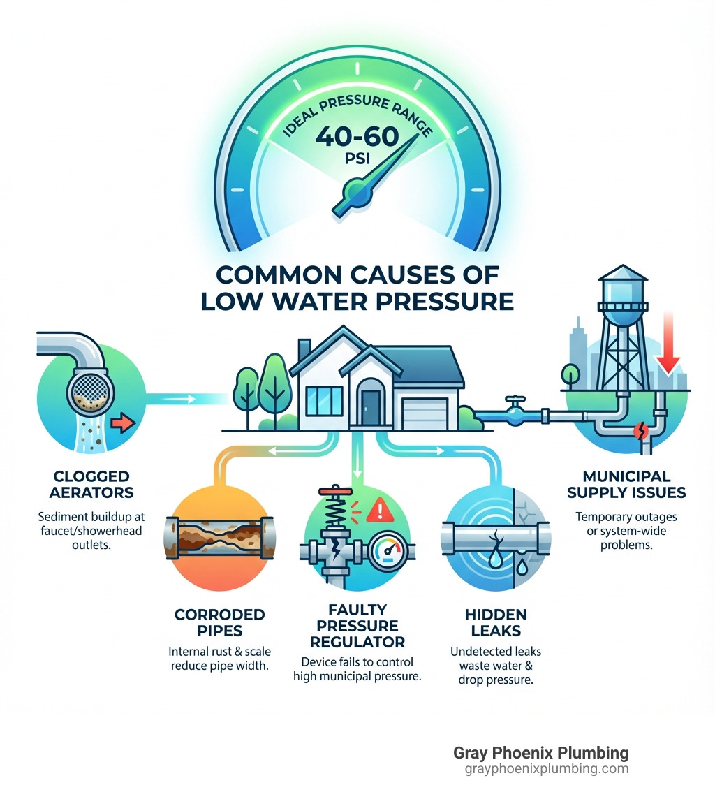 Infographic showing common causes of low water pressure including clogged aerators, corroded pipes, faulty pressure regulators, hidden leaks, and municipal supply issues, with ideal pressure range of 40-60 PSI highlighted - Low water pressure Brighton infographic Infographic showing common causes of low water pressure including clogged aerators, corroded pipes, faulty pressure regulators, hidden leaks, and municipal supply issues, with ideal pressure range of 40-60 PSI highlighted - Low water pressure Brighton infographic