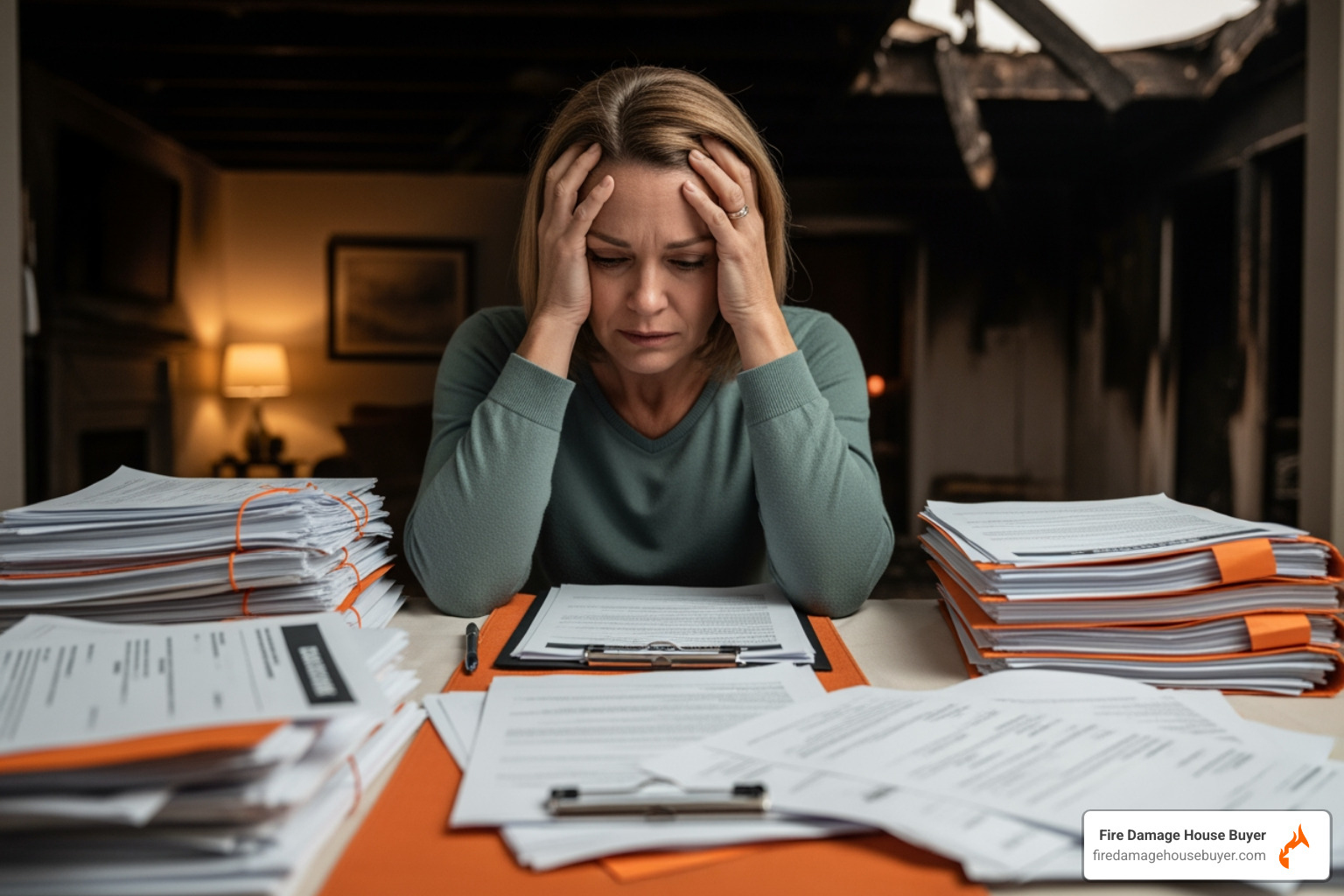 homeowner looking overwhelmed while reviewing insurance papers and restoration quotes - house fire statistics homeowner looking overwhelmed while reviewing insurance papers and restoration quotes - house fire statistics
