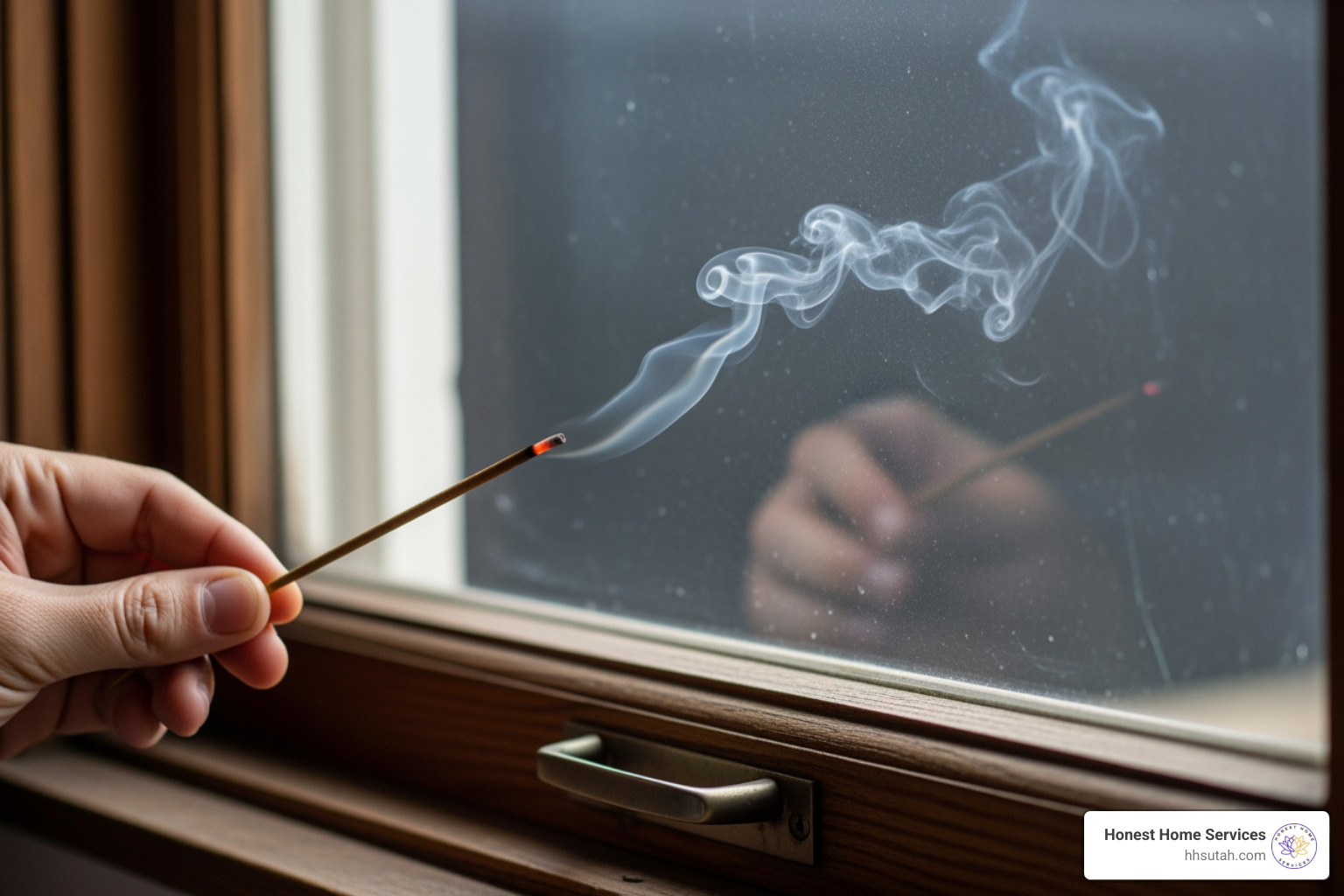person holding smoking incense stick near window frame - detect air leaks in house person holding smoking incense stick near window frame - detect air leaks in house