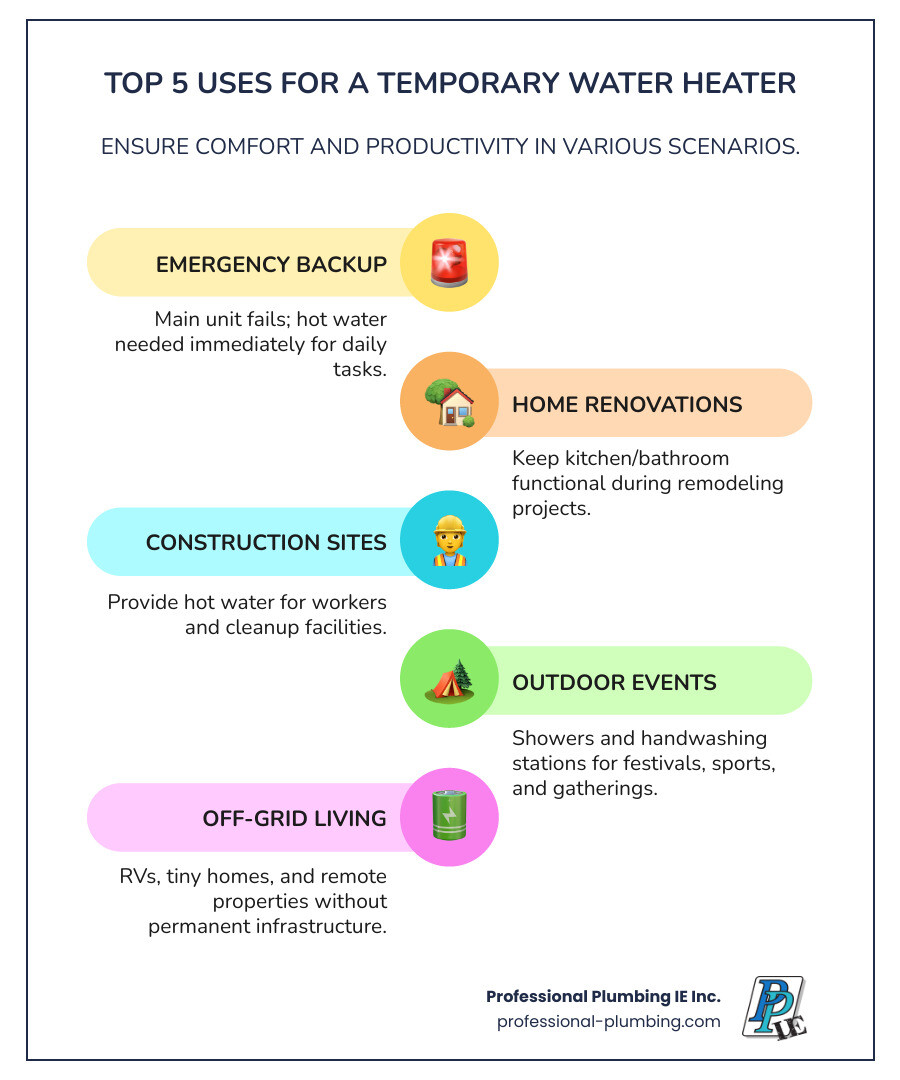 Infographic showing the five most common scenarios requiring a temporary water heater: 1) Emergency Backup - main unit fails, family needs hot water immediately; 2) Home Renovations - keeping kitchen/bathroom functional during remodel; 3) Construction Sites - providing hot water for workers and cleanup; 4) Outdoor Events - showers and handwashing stations for festivals, sports events; 5) Off-Grid Living - RVs, tiny homes, and remote properties without permanent infrastructure. Each scenario shows typical GPM requirements and recommended heater types. - temporary water heater infographic infographic-line-5-steps-colors Infographic showing the five most common scenarios requiring a temporary water heater: 1) Emergency Backup - main unit fails, family needs hot water immediately; 2) Home Renovations - keeping kitchen/bathroom functional during remodel; 3) Construction Sites - providing hot water for workers and cleanup; 4) Outdoor Events - showers and handwashing stations for festivals, sports events; 5) Off-Grid Living - RVs, tiny homes, and remote properties without permanent infrastructure. Each scenario shows typical GPM requirements and recommended heater types. - temporary water heater infographic infographic-line-5-steps-colors