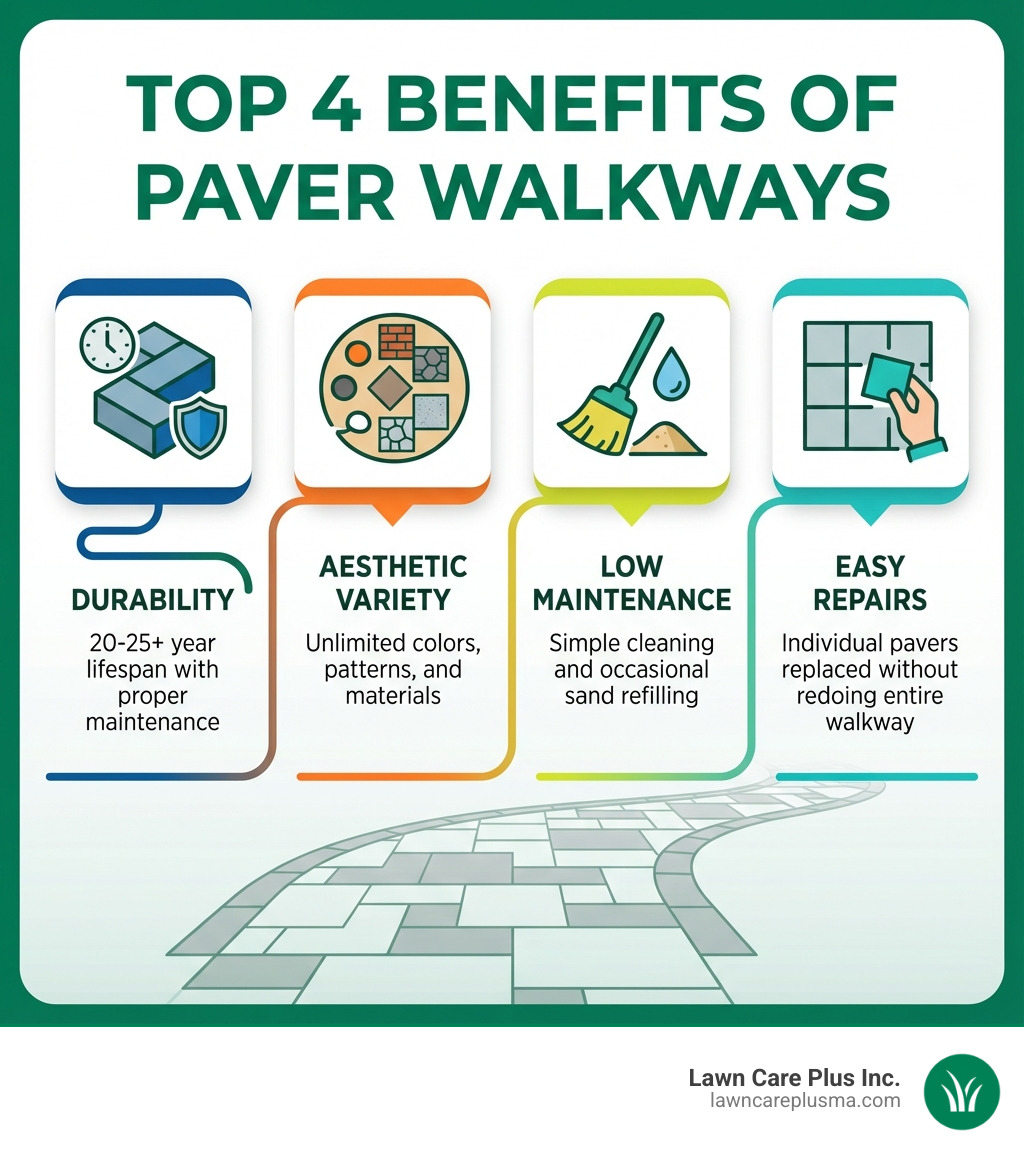 Infographic showing the top 4 benefits of paver walkways: Durability (20-25+ year lifespan with proper maintenance), Aesthetic Variety (unlimited colors, patterns, and materials to match any style), Low Maintenance (simple cleaning and occasional sand refilling), and Easy Repairs (individual pavers can be replaced without redoing entire walkway) - paver walkway infographic 