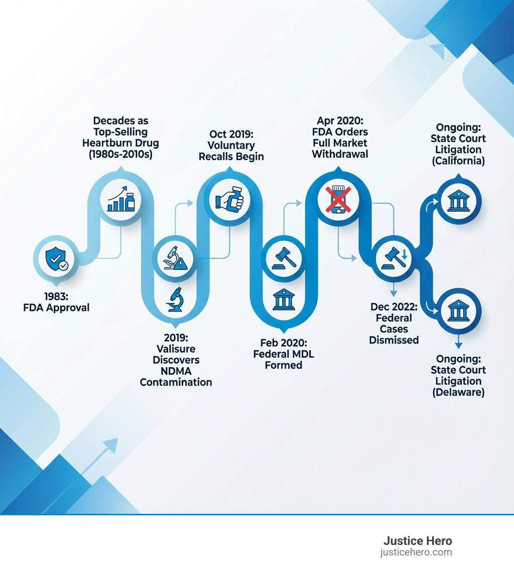 Infographic showing Zantac timeline: 1983 FDA approval, decades as top-selling heartburn drug, 2019 Valisure discovers NDMA contamination, October 2019 voluntary recalls begin, April 2020 FDA orders full market withdrawal, February 2020 federal MDL formed, December 2022 federal cases dismissed, ongoing state court litigation in California and Delaware - zantac law firms infographic 