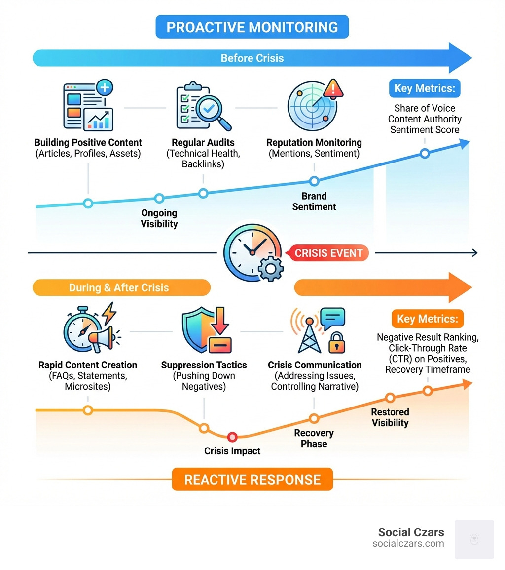 Crisis SEO Framework showing the difference between proactive monitoring (building positive content, regular audits, reputation monitoring) and reactive response (rapid content creation, suppression tactics, crisis communication) with timelines and key metrics for each phase - What Is Crisis SEO infographic Crisis SEO Framework showing the difference between proactive monitoring (building positive content, regular audits, reputation monitoring) and reactive response (rapid content creation, suppression tactics, crisis communication) with timelines and key metrics for each phase - What Is Crisis SEO infographic