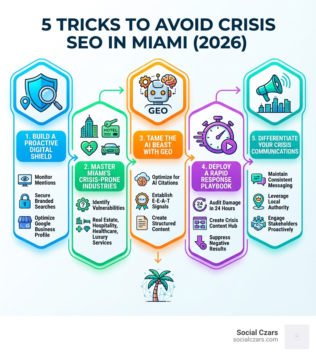 Infographic showing the 5 tricks to avoid crisis SEO in Miami: 1) Build a Proactive Digital Shield with ORM and Local SEO - monitor mentions, secure branded searches, optimize Google Business Profile; 2) Master Miami's Crisis-Prone Industries - identify vulnerabilities in real estate, hospitality, healthcare, luxury services; 3) Tame the AI Beast with GEO - optimize for AI citations, establish E-E-A-T signals, create structured content; 4) Deploy a Rapid Response Playbook - audit damage in first 24 hours, create crisis content hub, suppress negative results; 5) Differentiate Your Crisis Communications - maintain consistent messaging, leverage local authority, engage stakeholders proactively - Common Crisis SEO situations in Miami infographic 