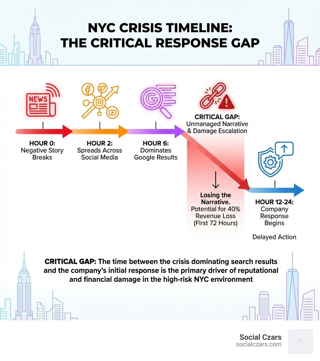 Infographic showing crisis timeline: negative story breaks at hour 0, spreads across social media by hour 2, dominates Google results by hour 6, while company response typically begins at hour 12-24, illustrating the critical gap in crisis response time - Why NYC is High Risk for Crisis SEO Situations  infographic 