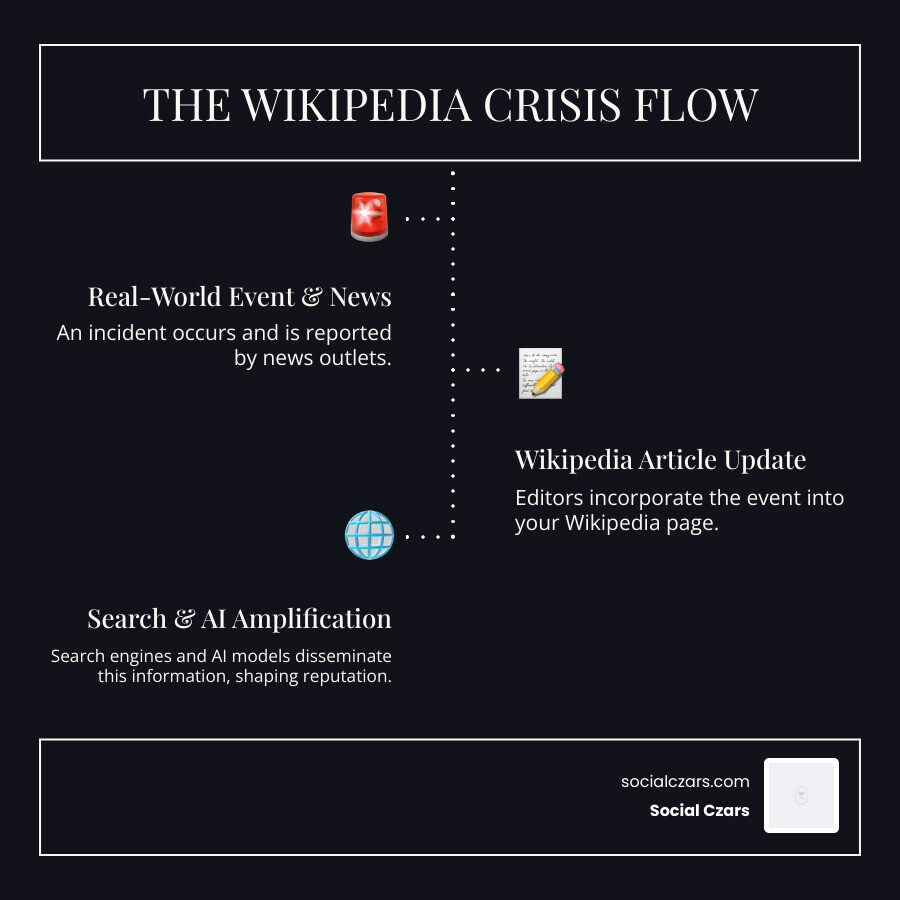 infographic showing crisis flow - How to Handle a Wikipedia Crisis infographic infographic-line-3-steps-dark