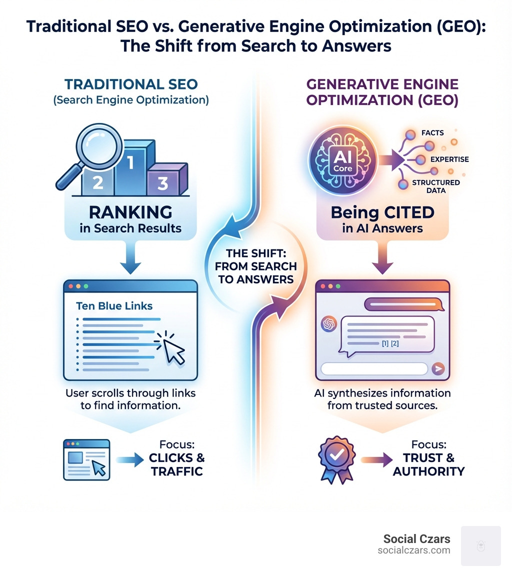 Infographic comparing traditional SEO vs Generative Engine Optimization - How to Get Found on ChatGPT infographic 