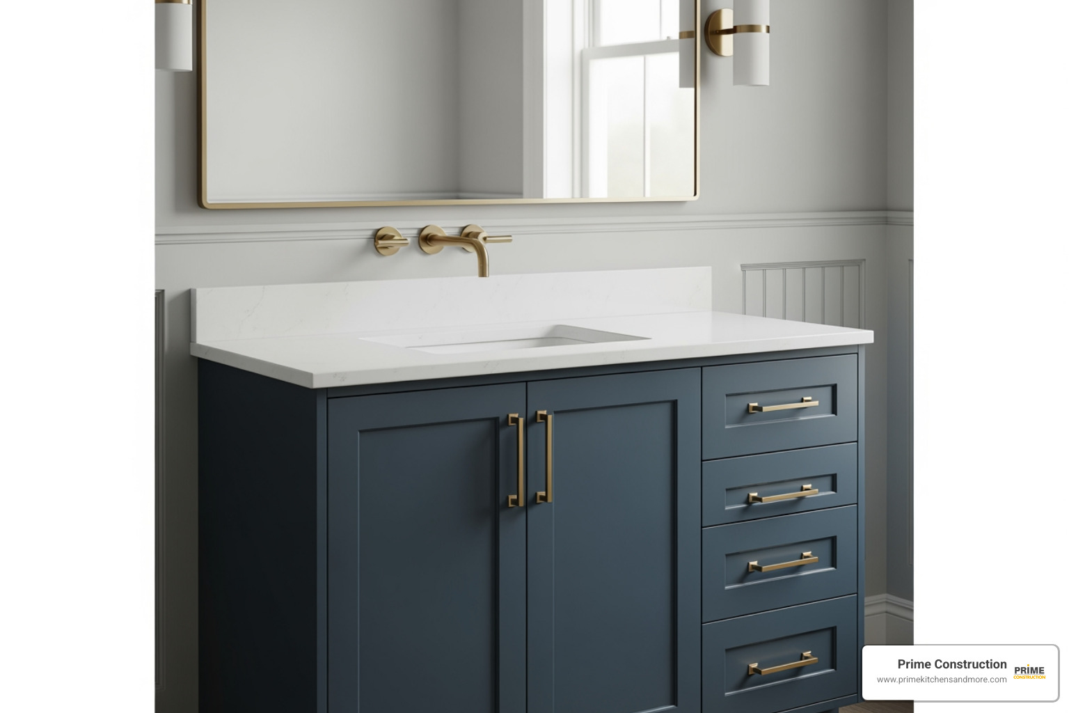 A repainted bathroom vanity with new modern hardware - affordable bathroom renovations