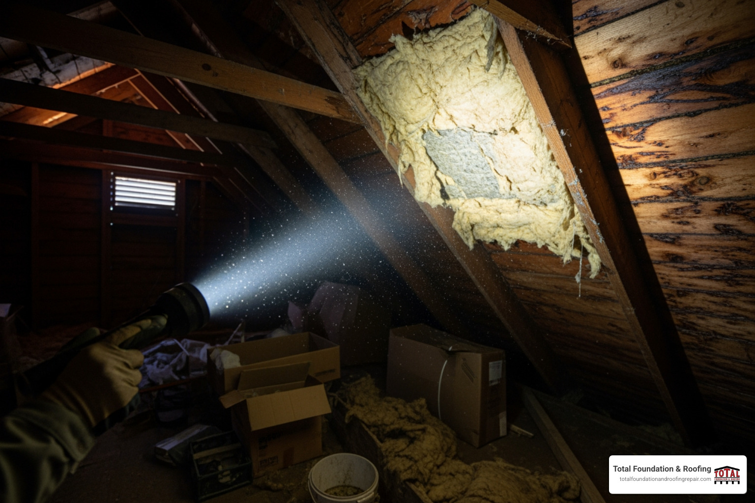 Attic inspection with a flashlight showing wet insulation - Water coming through ceiling