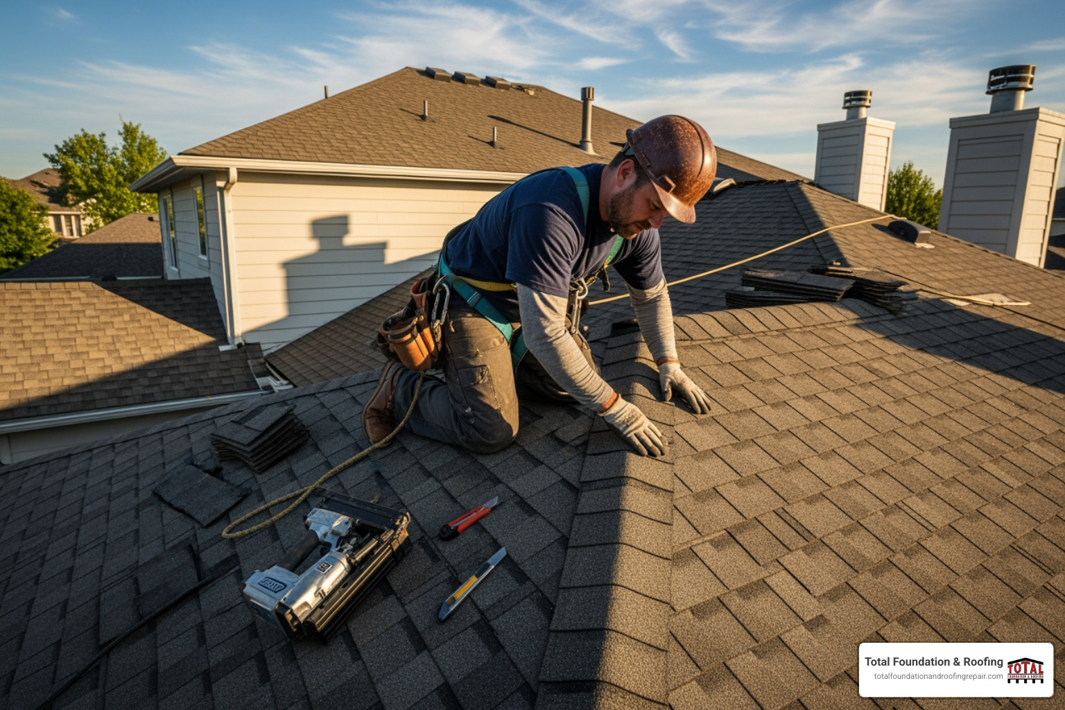 Professional roofer repairing a section of a shingle roof - Water coming through ceiling