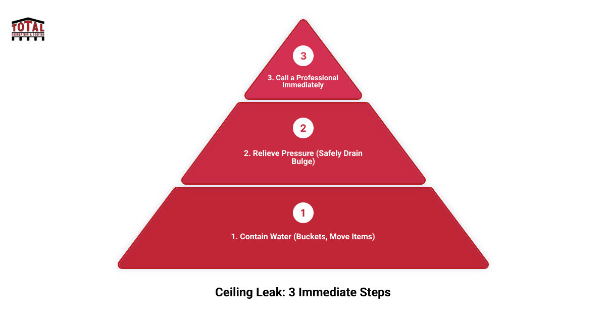 Infographic showing immediate response steps for ceiling water leaks: Step 1 - Contain the water by placing buckets and moving furniture; Step 2 - Relieve pressure by poking a small hole in bulging areas to drain water safely; Step 3 - Call a professional immediately to identify the source and prevent structural damage, mold growth, and costly repairs - Water coming through ceiling infographic 3_stage_pyramid