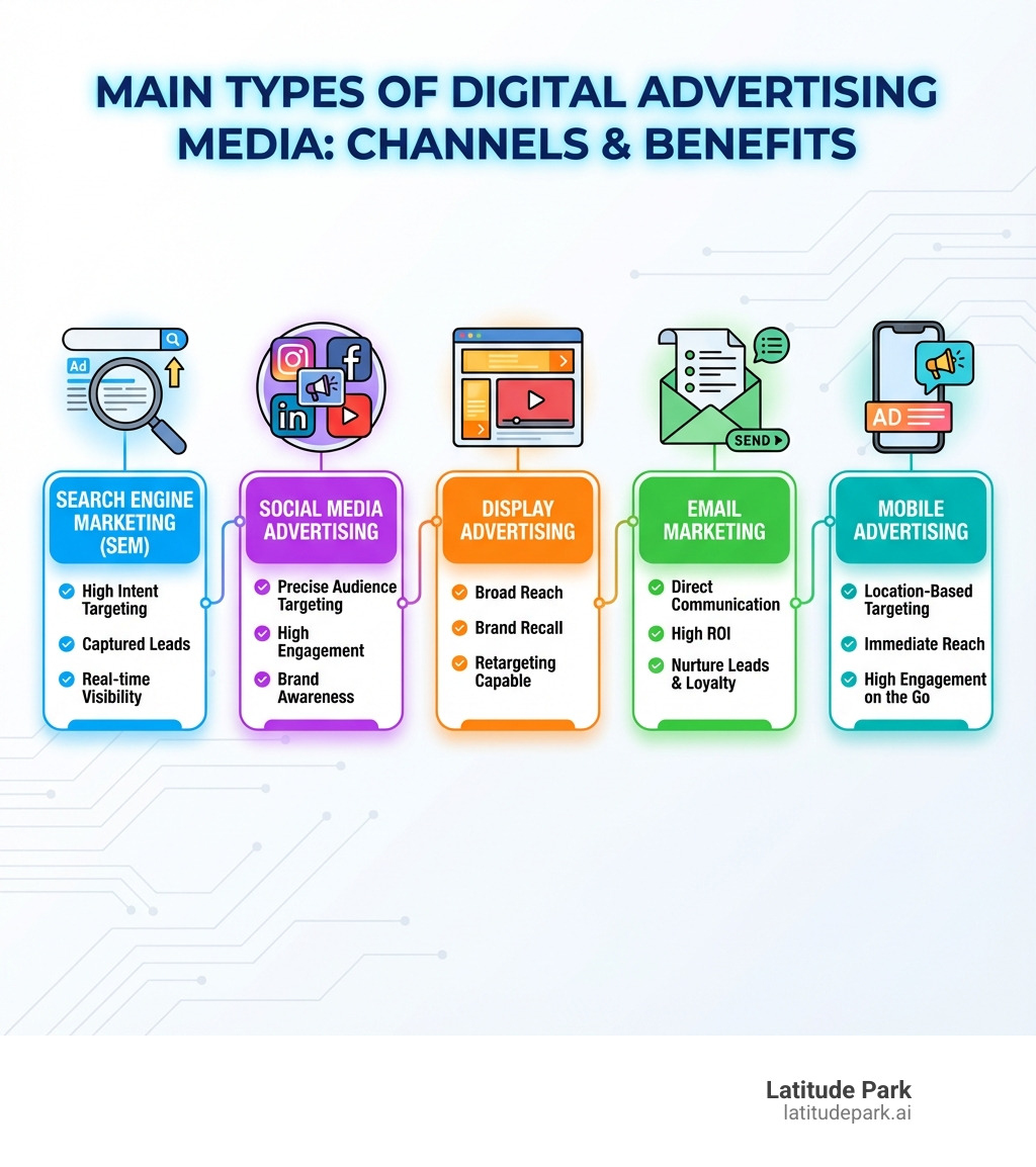 Infographic showing the main types of digital advertising media: search engine marketing (text-based ads on Google), social media advertising (visual ads on Facebook and Instagram), display advertising (banner and video ads on websites), email marketing (promotional messages to subscriber lists), and mobile advertising (in-app ads and SMS campaigns), with icons representing each category and brief descriptions of their primary benefits - digital advertising media infographic 