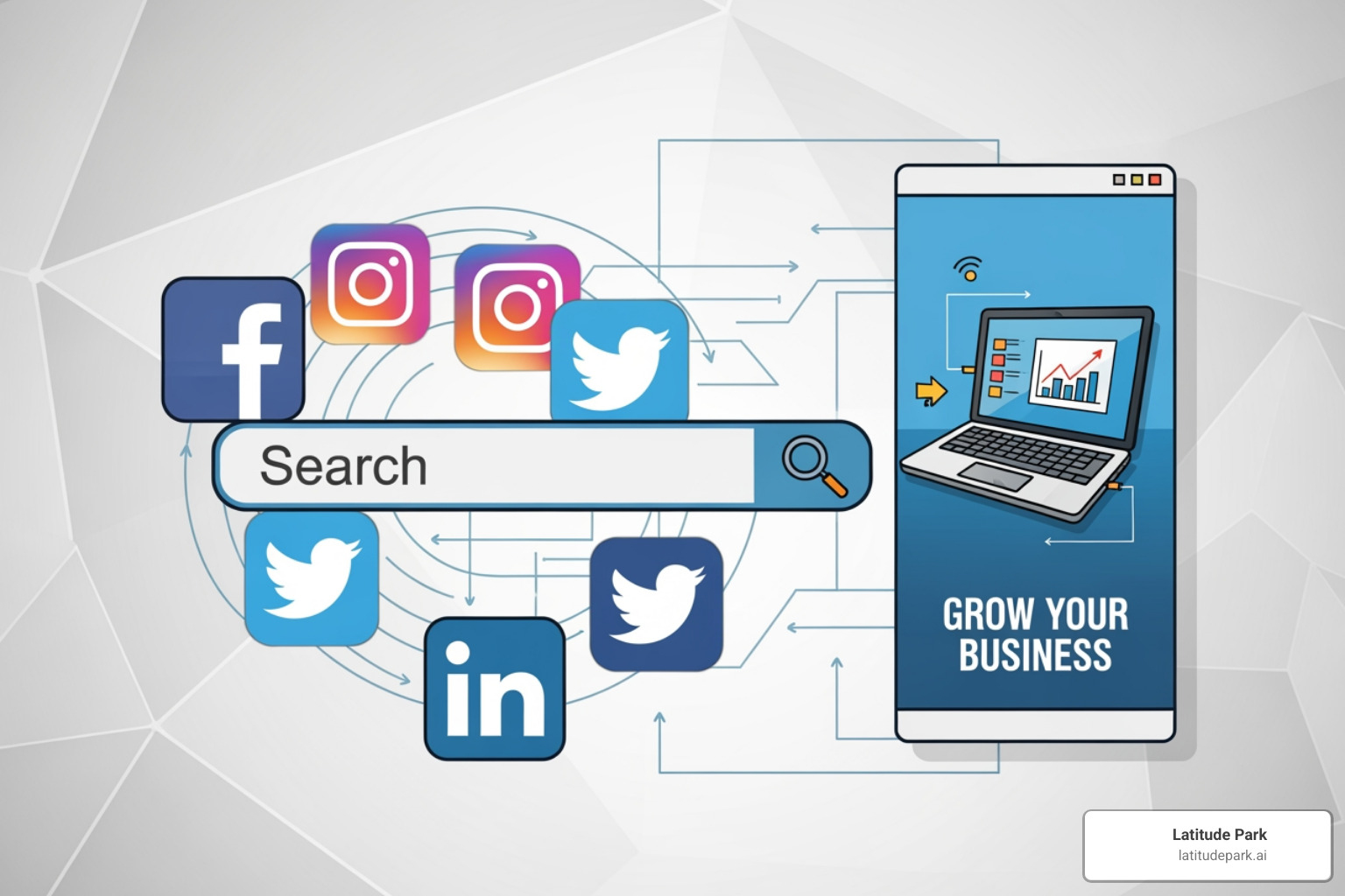 illustration of different ad types like search, social, and display ads - digital advertising media