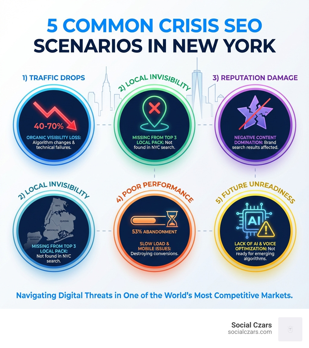 Infographic showing 5 common NYC SEO crises with icons: 1) Traffic Drops (declining graph), 2) Local Invisibility (crossed-out map pin), 3) Reputation Damage (broken star rating), 4) Poor Performance (slow loading icon), 5) Future Unreadiness (AI warning symbol) - Common Crisis SEO Scenarios in New York infographic 