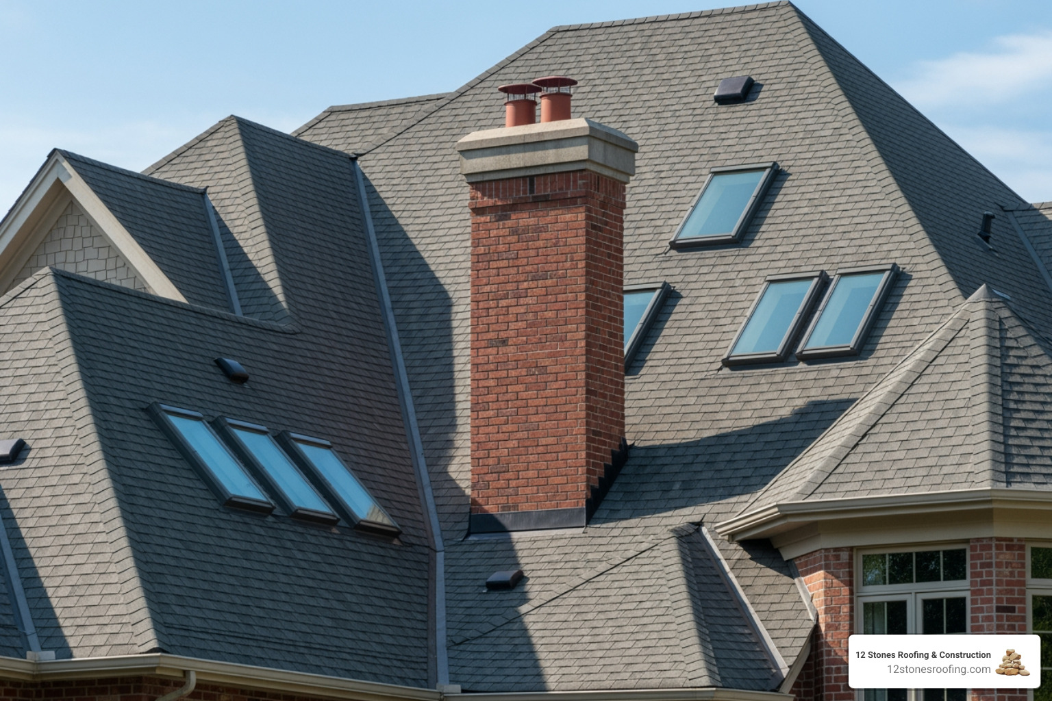 A complex residential roof featuring multiple gables, a prominent chimney, and several skylights, illustrating design complexity - roof replacement cost