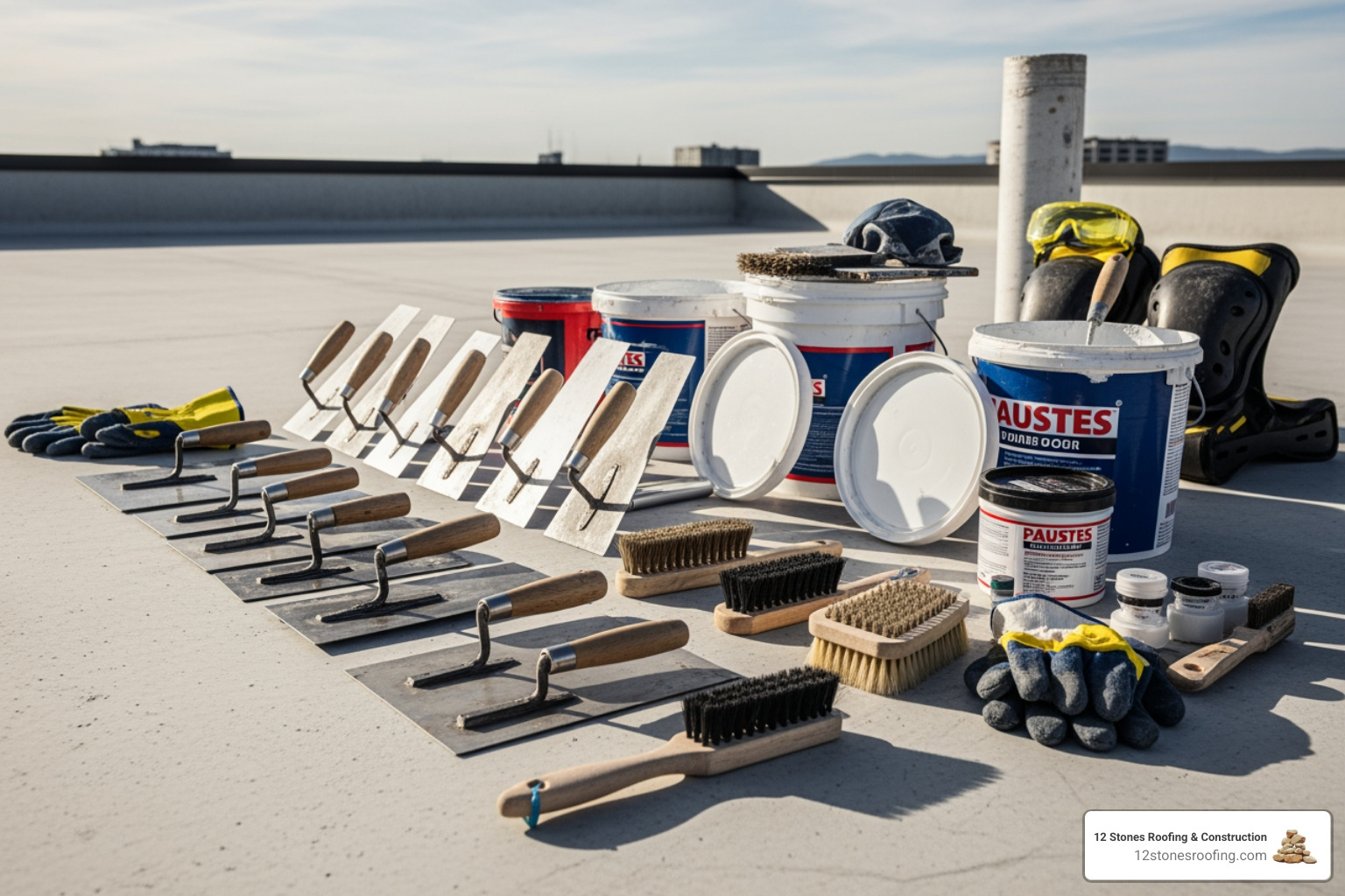 tools and materials for concrete roof repair laid out on a clean roof surface - concrete roof leakage repair