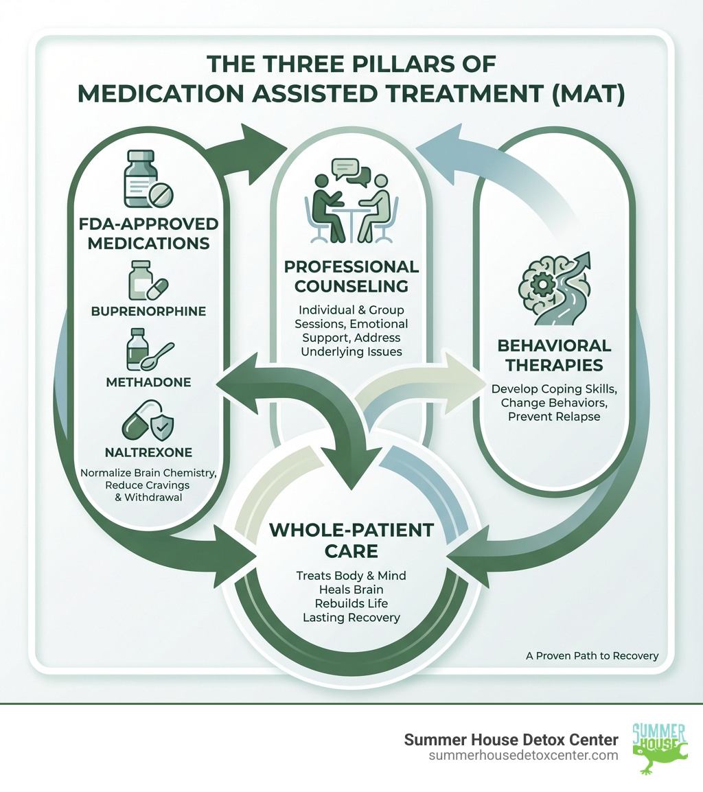 infographic showing three pillars of MAT: FDA-approved medications (buprenorphine, methadone, naltrexone), professional counseling sessions, and behavioral therapy techniques, with arrows connecting them to represent whole-patient care - medication assisted treatment infographic 