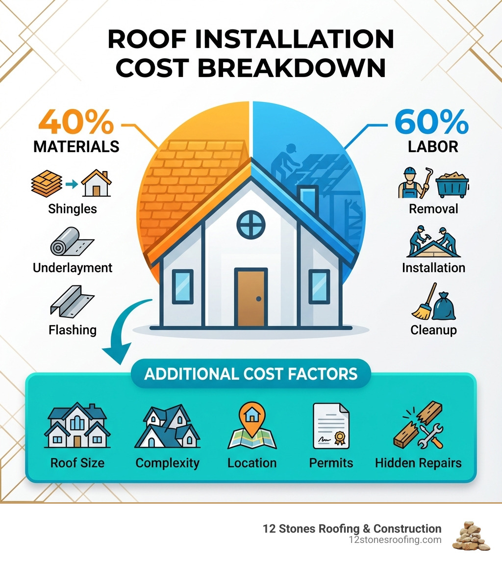 infographic showing roof installation cost breakdown: 40% materials including shingles underlayment and flashing, 60% labor including removal installation and cleanup, with additional cost factors like roof size complexity location permits and hidden repairs - roof installation cost infographic 