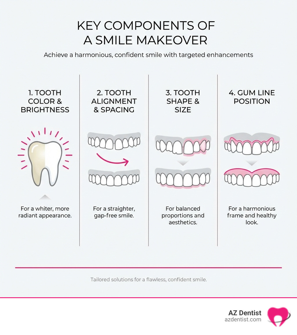 Infographic showing the four key components of a smile makeover: tooth color and brightness for a whiter appearance, tooth alignment and spacing for a straighter smile, tooth shape and size for balanced proportions, and gum line position for a harmonious frame - Scottsdale smile makeover infographic 