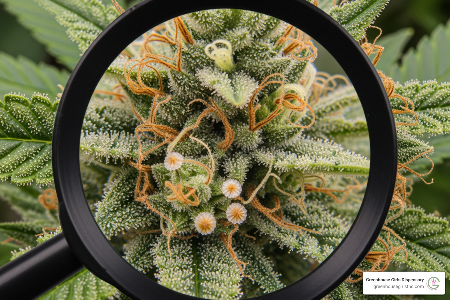 Close-up of a cannabis plant with trichomes highlighted under a magnifying glass - THCa flower best