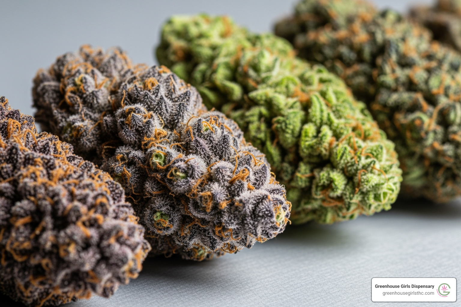 A colorful variety of different THCa flower strains side-by-side, showcasing diverse colors and textures - THCa flower best