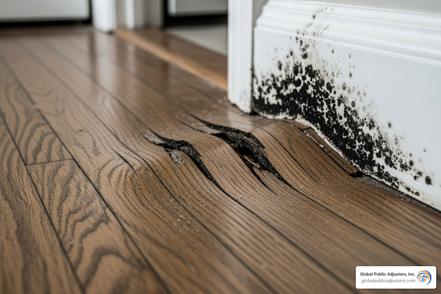 warped hardwood flooring and mold on a baseboard - ac leak damage parkland