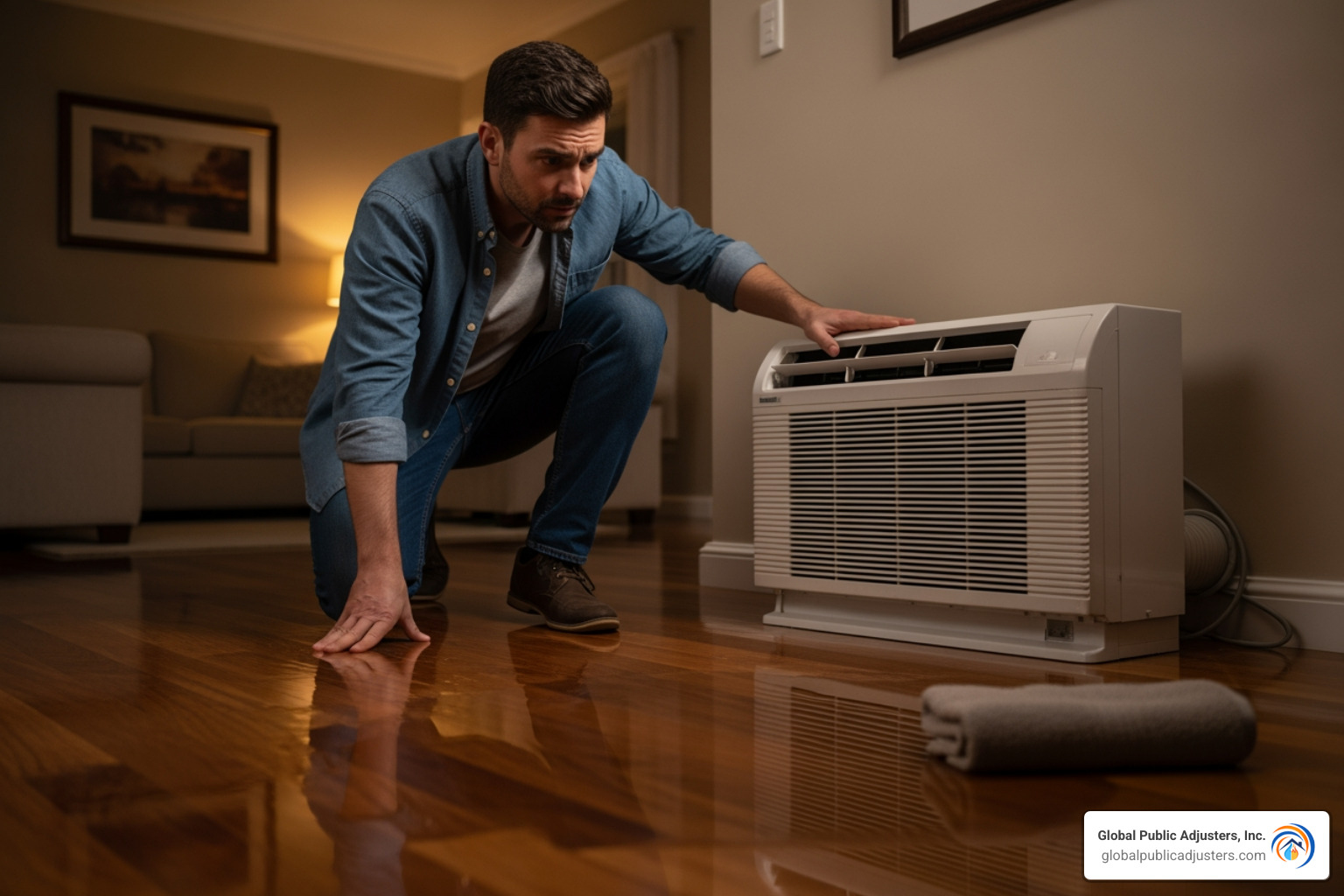 homeowner looking at a puddle of water by their indoor AC handler - ac leak damage parkland