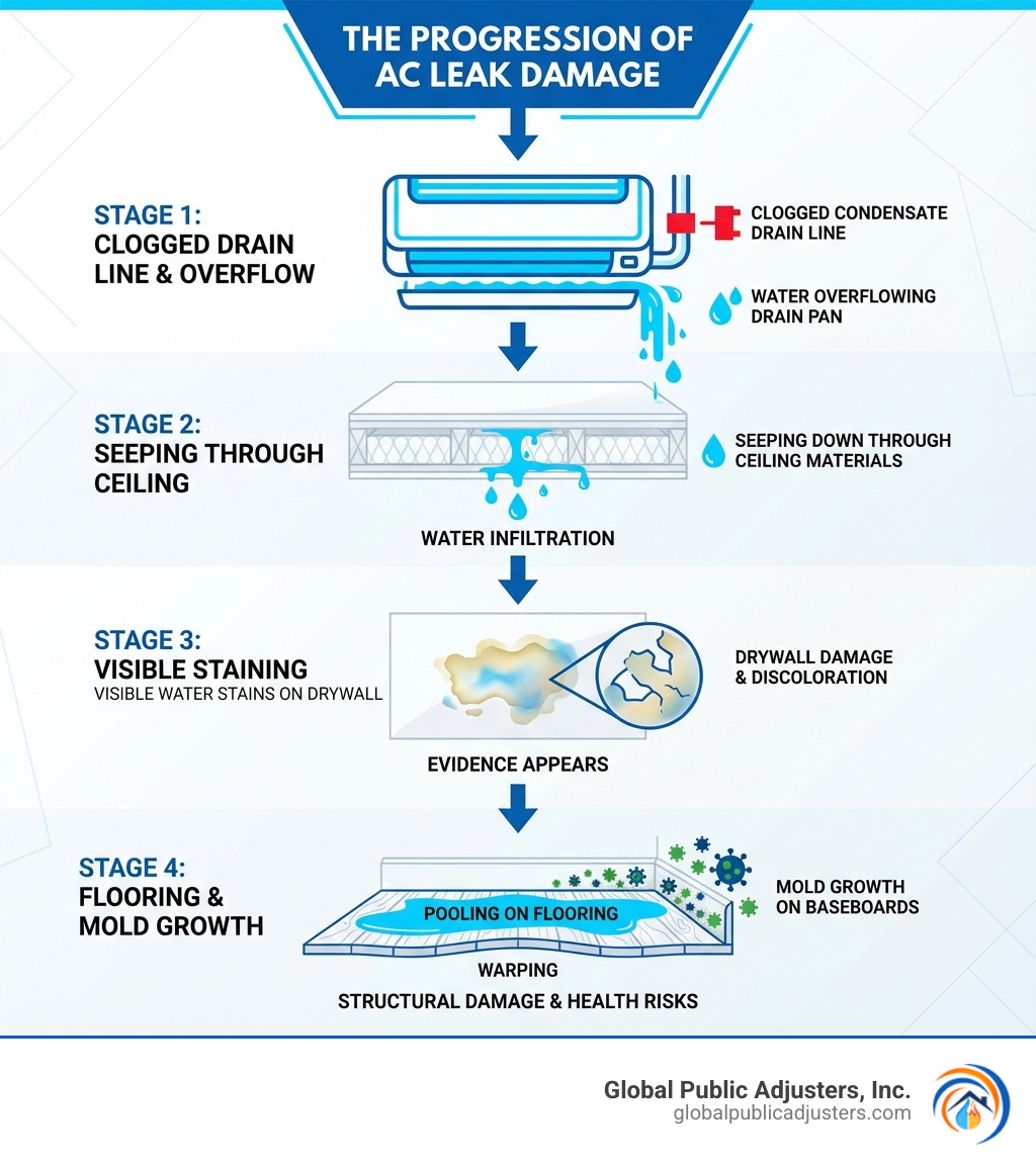 Infographic showing the progression of AC leak damage: starting with a clogged condensate drain line at the top, water overflowing from the drain pan, seeping down through ceiling materials, creating visible water stains on drywall, and finally pooling on flooring causing warping and mold growth on baseboards - ac leak damage parkland infographic 