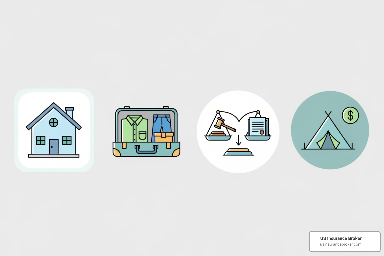 four icons representing dwelling, personal property, liability, and additional living expenses - Understanding home insurance policy four icons representing dwelling, personal property, liability, and additional living expenses - Understanding home insurance policy