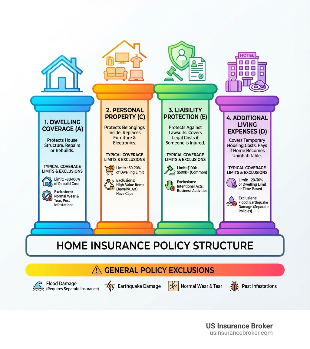infographic showing the structure of a home insurance policy with four main pillars: dwelling coverage protecting the house structure, personal property coverage protecting belongings inside, liability coverage protecting against lawsuits, and additional living expenses covering temporary housing costs, with typical coverage limits and exclusions listed for each - Understanding home insurance policy infographic infographic showing the structure of a home insurance policy with four main pillars: dwelling coverage protecting the house structure, personal property coverage protecting belongings inside, liability coverage protecting against lawsuits, and additional living expenses covering temporary housing costs, with typical coverage limits and exclusions listed for each - Understanding home insurance policy infographic