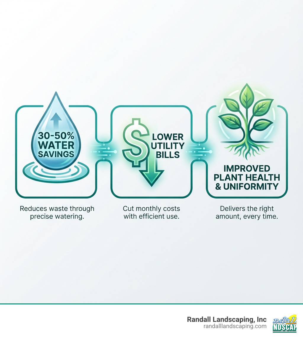 infographic showing three main benefits of irrigation system upgrades: a water droplet with "30-50% Water Savings" text, a dollar sign with "Lower Utility Bills" text, and a healthy plant with "Improved Plant Health & Uniformity" text - Irrigation system upgrades infographic 