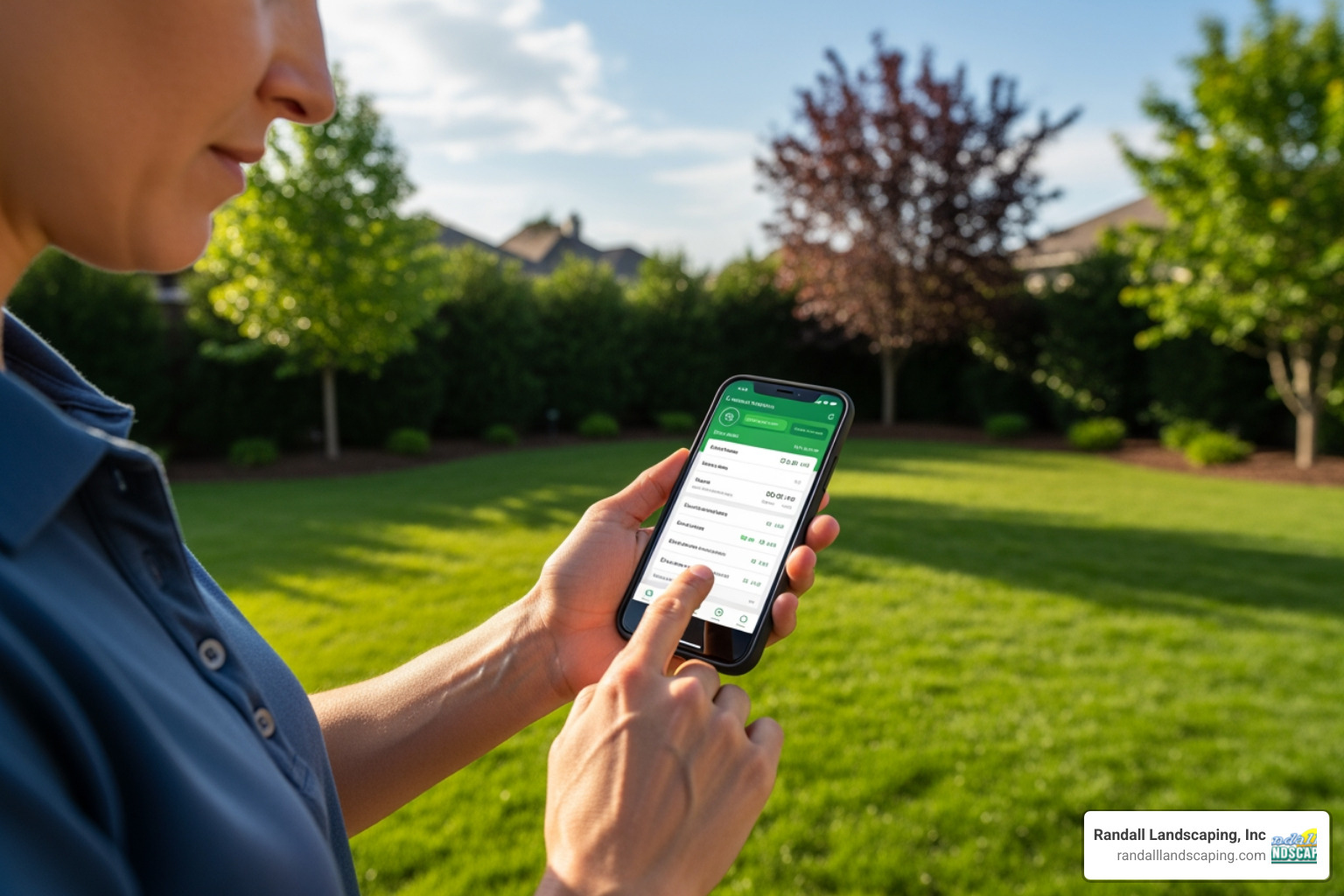 A person using a smartphone to adjust irrigation settings, with a lush green lawn in the background. - Irrigation system upgrades