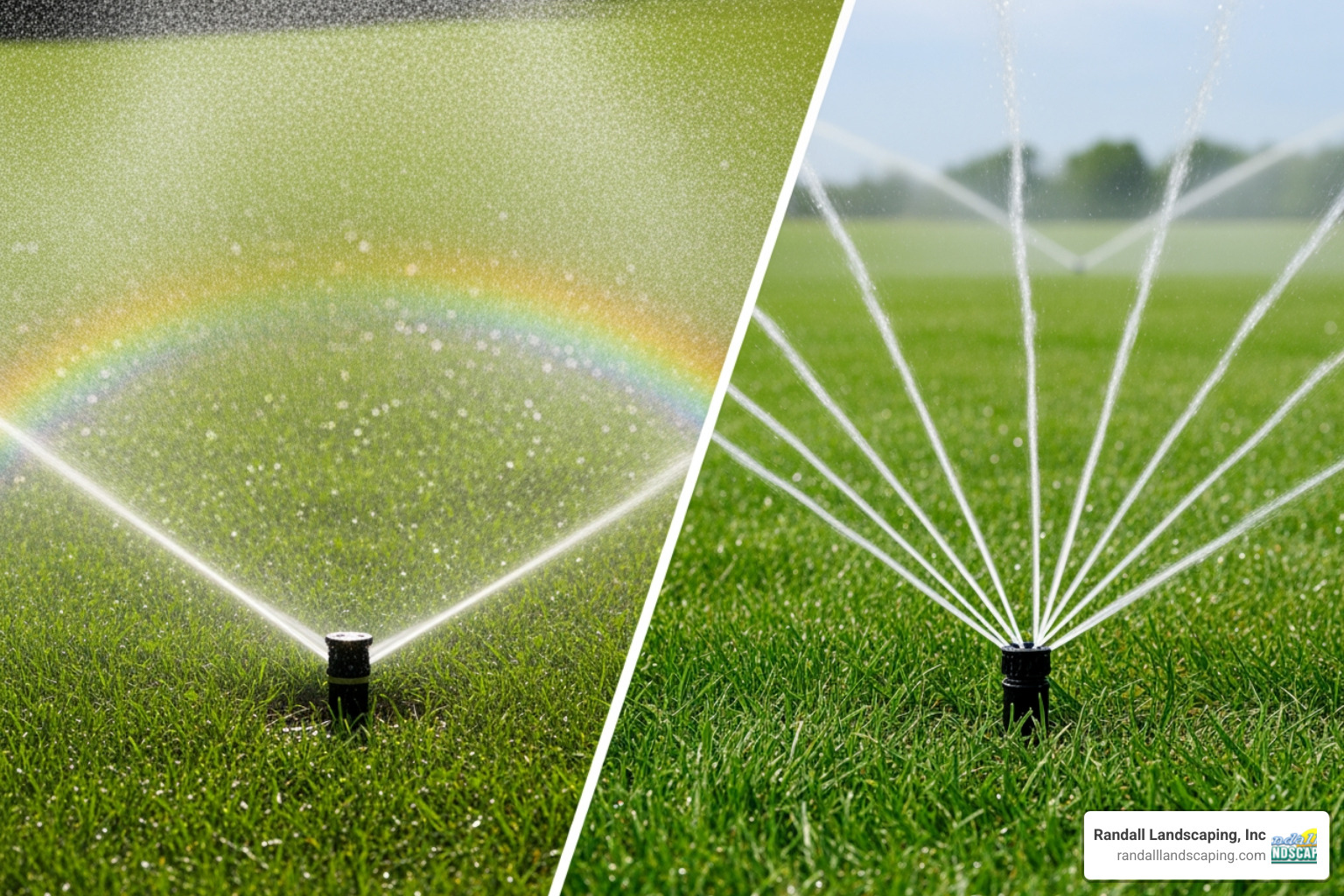 Comparison of a traditional sprinkler head spraying a fine mist and a high-efficiency rotator nozzle spraying distinct, rotating streams of water. - Irrigation system upgrades