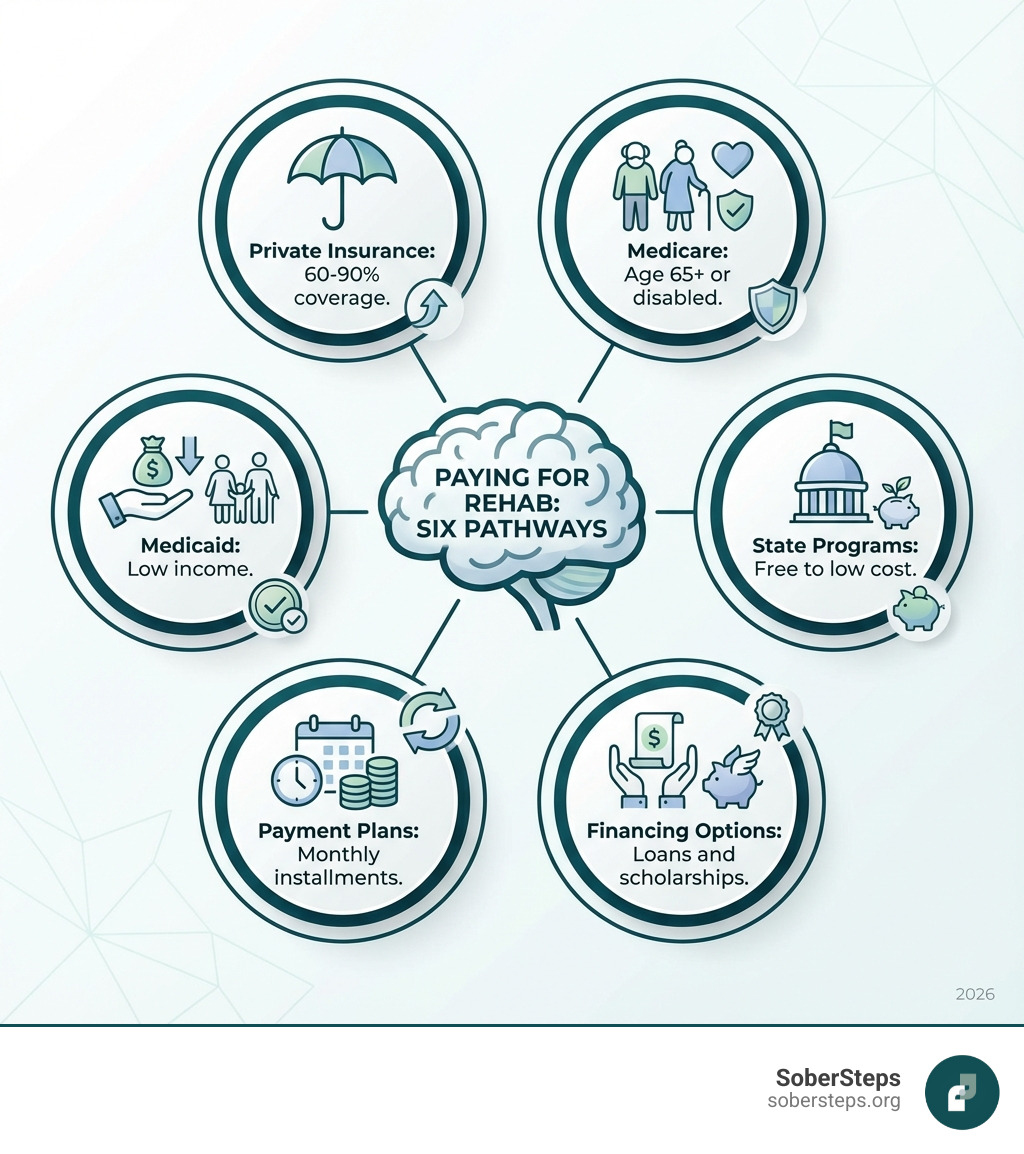 infographic showing six main pathways to pay for rehab with costs and eligibility: private insurance (60-90% coverage), Medicare (age 65+ or disabled), Medicaid (low income), state programs (free to low cost), payment plans (monthly installments), and financing options (loans and scholarships) - paying for rehab infographic infographic showing six main pathways to pay for rehab with costs and eligibility: private insurance (60-90% coverage), Medicare (age 65+ or disabled), Medicaid (low income), state programs (free to low cost), payment plans (monthly installments), and financing options (loans and scholarships) - paying for rehab infographic