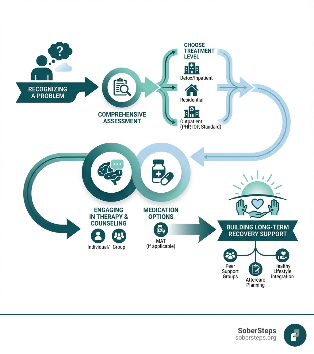 infographic showing the journey from recognizing a problem through assessment, choosing treatment level, engaging in therapy and medication options, to building long-term recovery support - treatment options guide infographic 