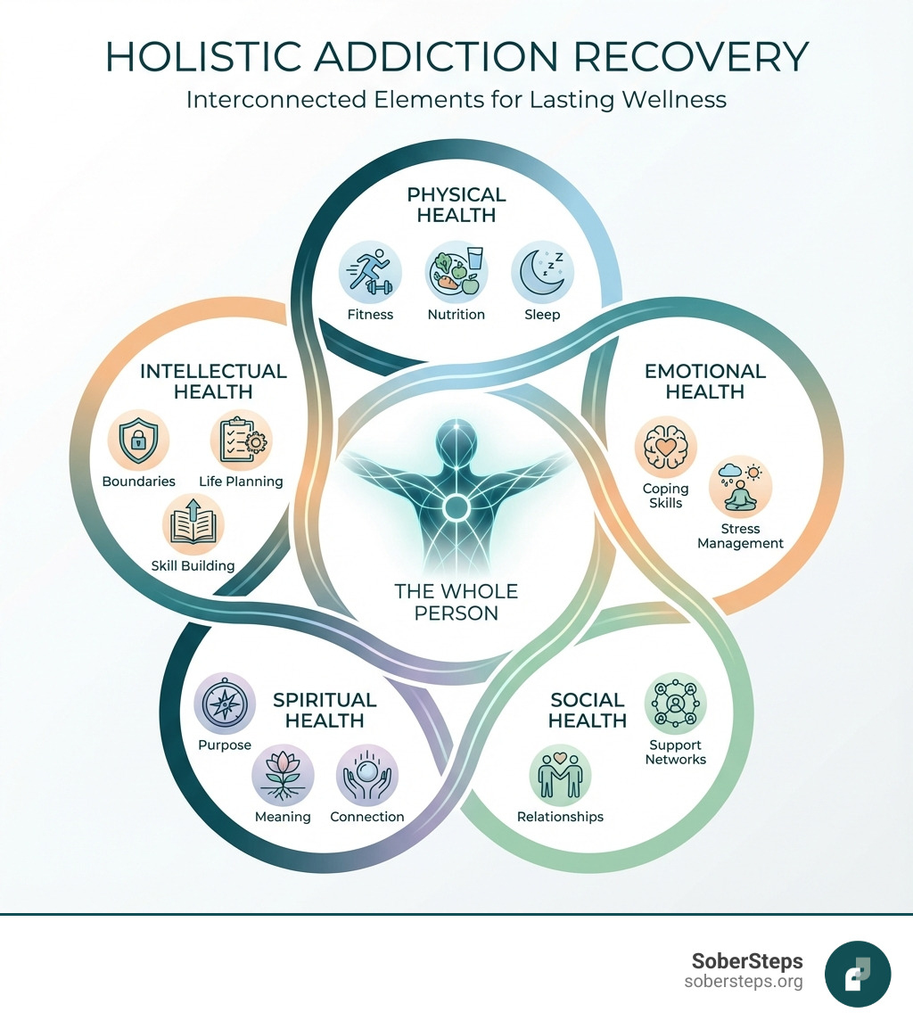 infographic showing the five interconnected elements of holistic addiction recovery: physical health (fitness, nutrition, sleep), emotional health (coping skills, stress management), social health (relationships, support networks), spiritual health (purpose, meaning, connection), and intellectual health (boundaries, life planning, skill building), all centered around the whole person - holistic addiction recovery infographic 
