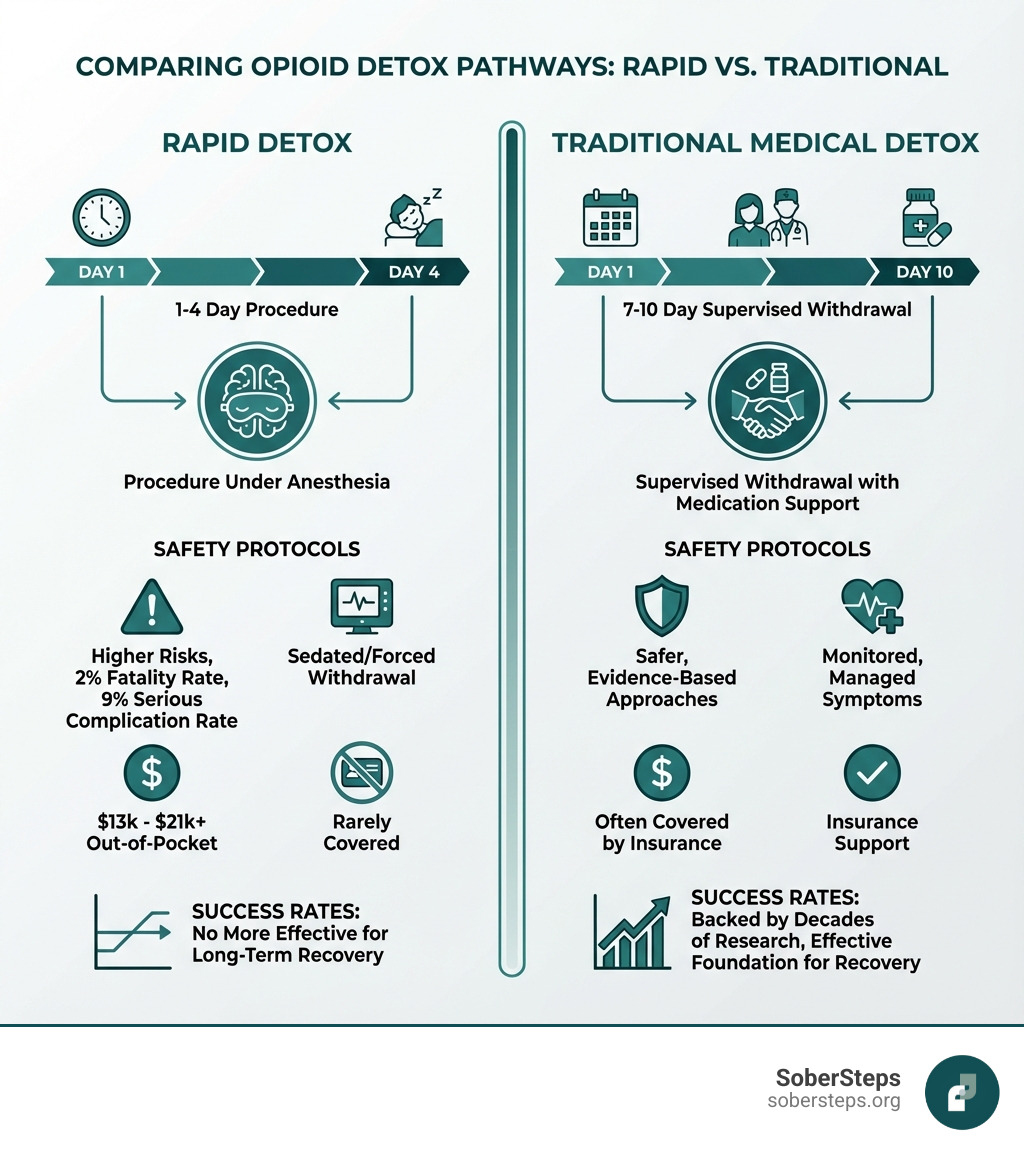 infographic comparing rapid detox timeline showing 1-4 day procedure under anesthesia versus traditional medical detox showing 7-10 day supervised withdrawal with medication support, highlighting key differences in safety protocols, cost, insurance coverage, and success rates - rapid detox centers infographic infographic comparing rapid detox timeline showing 1-4 day procedure under anesthesia versus traditional medical detox showing 7-10 day supervised withdrawal with medication support, highlighting key differences in safety protocols, cost, insurance coverage, and success rates - rapid detox centers infographic