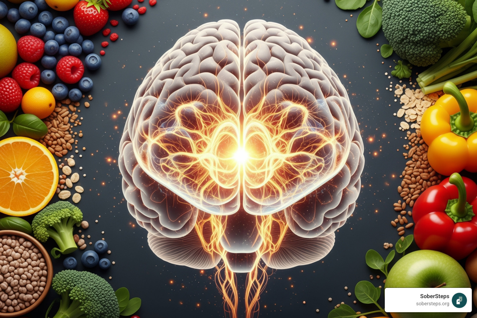 A vibrant image of a human brain with glowing, interconnected neural pathways, symbolizing healing and neuroplasticity, set against a backdrop of healthy food. - nutrition in recovery A vibrant image of a human brain with glowing, interconnected neural pathways, symbolizing healing and neuroplasticity, set against a backdrop of healthy food. - nutrition in recovery