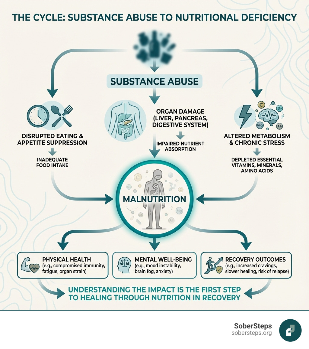Infographic showing how substance abuse leads to nutritional deficiencies through three pathways: disrupted eating patterns and appetite suppression leading to inadequate food intake, organ damage to liver pancreas and digestive system causing impaired nutrient absorption, and altered metabolism and chronic stress depleting essential vitamins minerals and amino acids, all resulting in malnutrition that affects physical health mental well-being and recovery outcomes - nutrition in recovery infographic Infographic showing how substance abuse leads to nutritional deficiencies through three pathways: disrupted eating patterns and appetite suppression leading to inadequate food intake, organ damage to liver pancreas and digestive system causing impaired nutrient absorption, and altered metabolism and chronic stress depleting essential vitamins minerals and amino acids, all resulting in malnutrition that affects physical health mental well-being and recovery outcomes - nutrition in recovery infographic