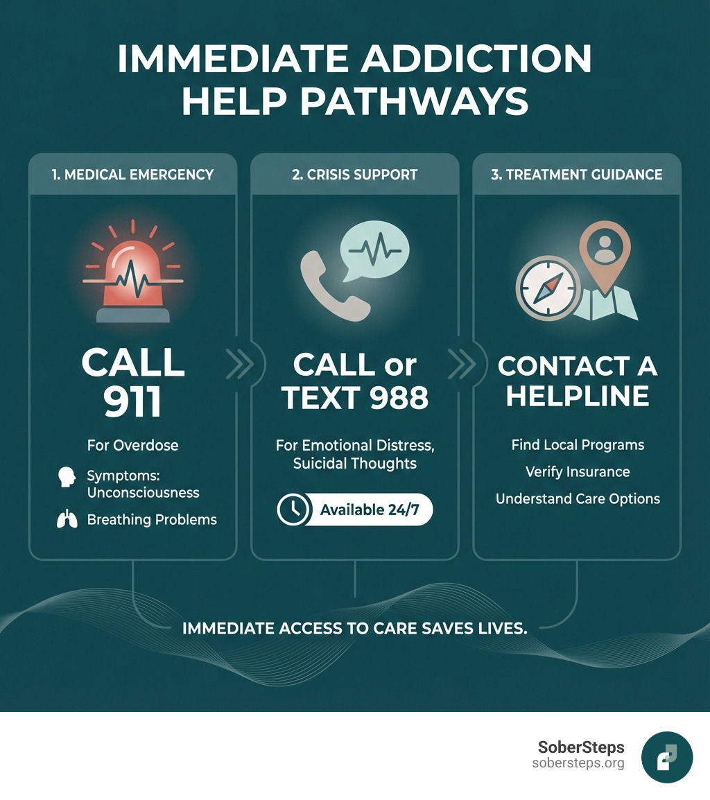 Infographic showing three pathways to immediate addiction help: Emergency services (911) for overdose with symptoms like unconsciousness and breathing problems; Crisis support (988) for emotional distress and suicidal thoughts available 24/7; and Treatment guidance through helplines for finding local programs, verifying insurance, and understanding care options - immediate addiction help infographic Infographic showing three pathways to immediate addiction help: Emergency services (911) for overdose with symptoms like unconsciousness and breathing problems; Crisis support (988) for emotional distress and suicidal thoughts available 24/7; and Treatment guidance through helplines for finding local programs, verifying insurance, and understanding care options - immediate addiction help infographic