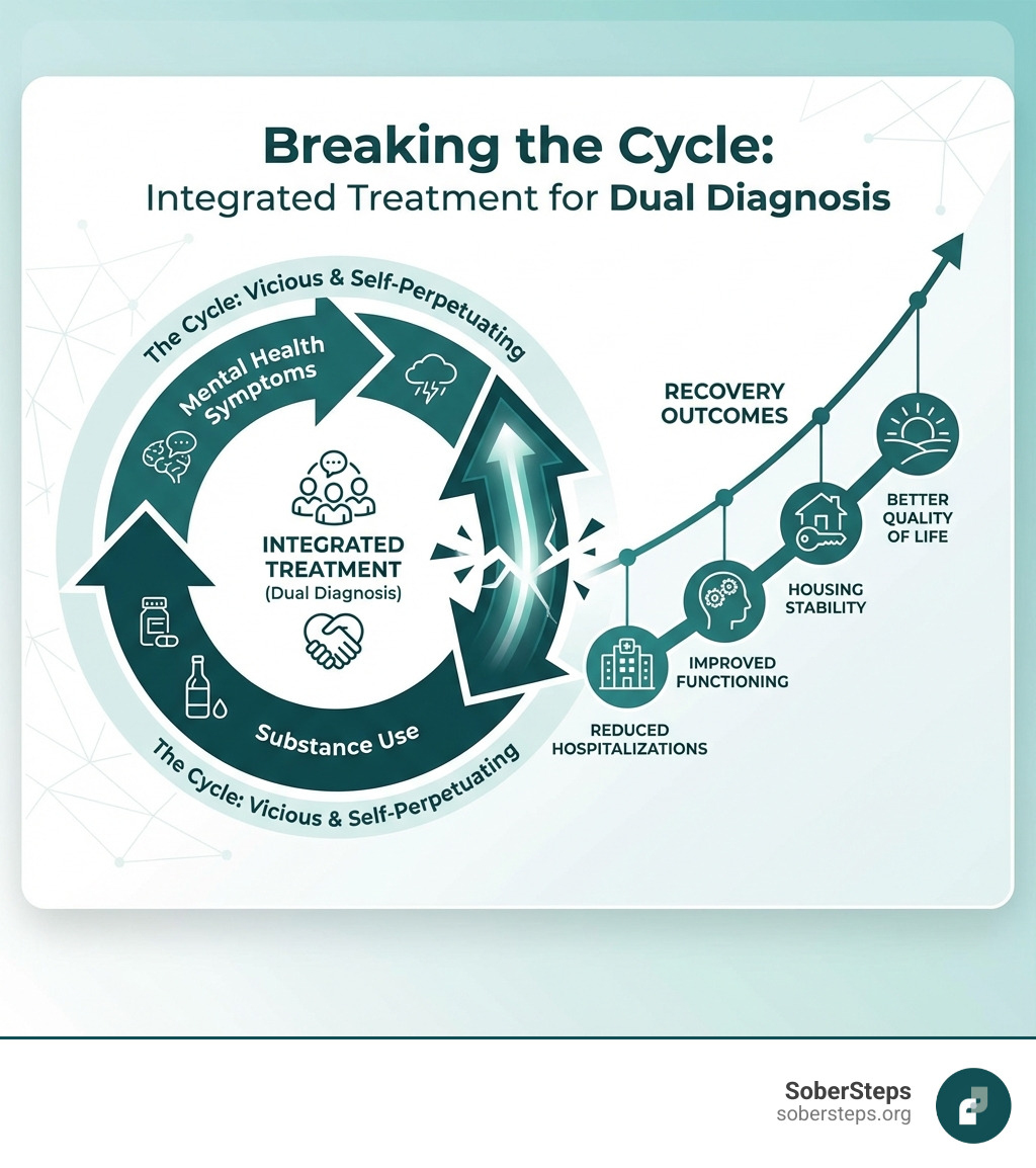 infographic showing the cyclical relationship between mental health symptoms and substance use, with integrated treatment breaking the cycle and leading to recovery outcomes including reduced hospitalizations, improved functioning, housing stability, and better quality of life - dual diagnosis treatment plan infographic infographic showing the cyclical relationship between mental health symptoms and substance use, with integrated treatment breaking the cycle and leading to recovery outcomes including reduced hospitalizations, improved functioning, housing stability, and better quality of life - dual diagnosis treatment plan infographic