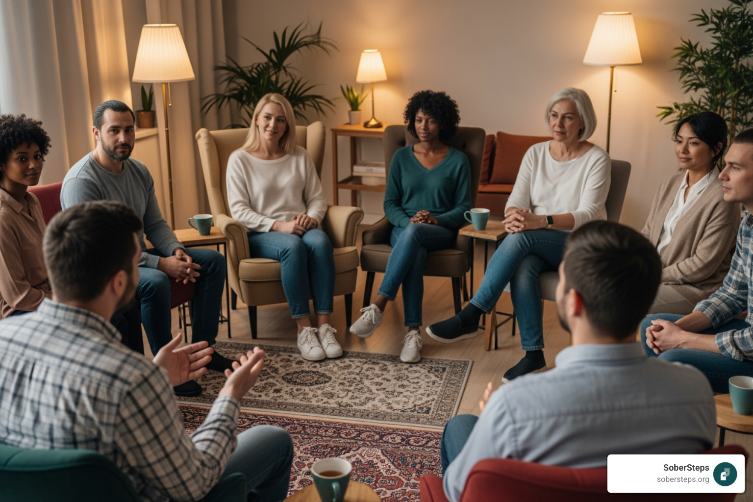 diverse people in a support group meeting - confidential addiction helpline