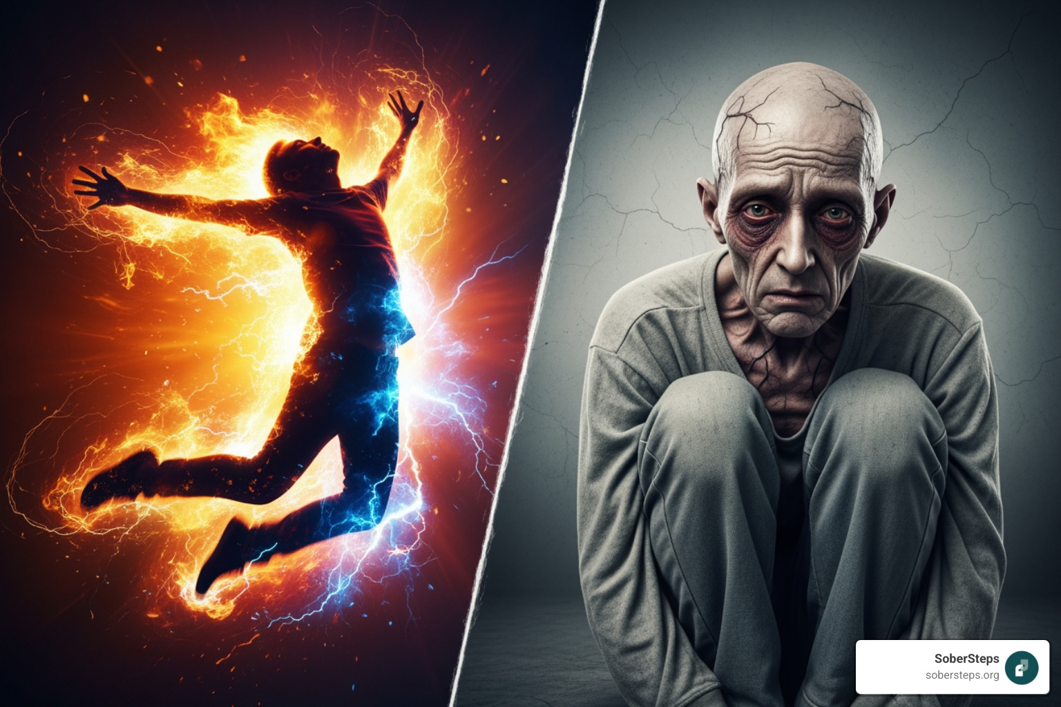 Image illustrating the contrast between the short-term "high" (e.g., a vibrant, energetic silhouette) and long-term negative health effects (e.g., a faded, gaunt figure with visible physical ailments) - stimulant addiction recovery Image illustrating the contrast between the short-term "high" (e.g., a vibrant, energetic silhouette) and long-term negative health effects (e.g., a faded, gaunt figure with visible physical ailments) - stimulant addiction recovery