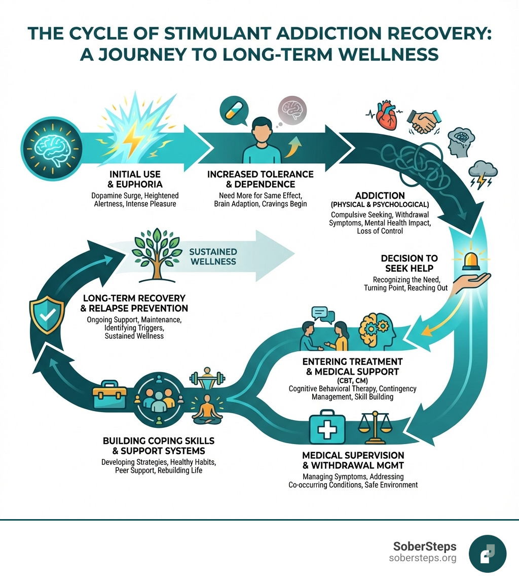 Infographic showing the cycle of stimulant addiction recovery: starting with initial stimulant use and euphoria, progressing through increased tolerance and dependence, leading to addiction with physical and psychological symptoms, followed by the decision to seek help, entering treatment with behavioral therapies and medical support, managing withdrawal symptoms, building coping skills and support systems, and maintaining long-term recovery with ongoing support and relapse prevention strategies - stimulant addiction recovery infographic Infographic showing the cycle of stimulant addiction recovery: starting with initial stimulant use and euphoria, progressing through increased tolerance and dependence, leading to addiction with physical and psychological symptoms, followed by the decision to seek help, entering treatment with behavioral therapies and medical support, managing withdrawal symptoms, building coping skills and support systems, and maintaining long-term recovery with ongoing support and relapse prevention strategies - stimulant addiction recovery infographic