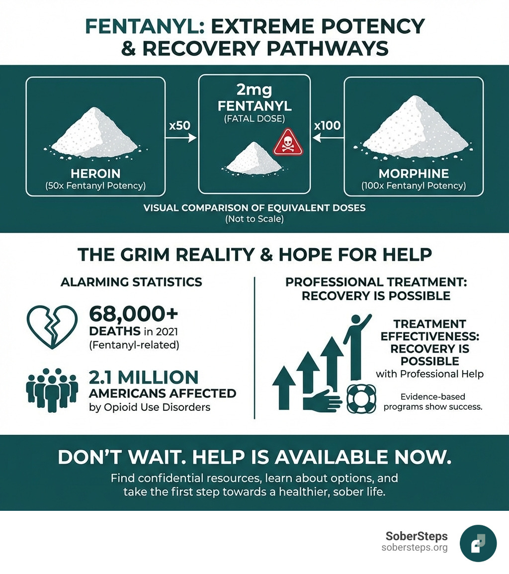 Infographic comparing fentanyl potency: Fentanyl is 50x more potent than heroin, 100x stronger than morphine, and just 2mg can be fatal. Shows visual comparison of lethal doses - a small pile representing fentanyl next to larger amounts of heroin and morphine. Includes key statistics: 68,000+ deaths in 2021, 2.1 million Americans affected by opioid use disorders, and treatment effectiveness rate showing recovery is possible with professional help. - fentanyl addiction help infographic 