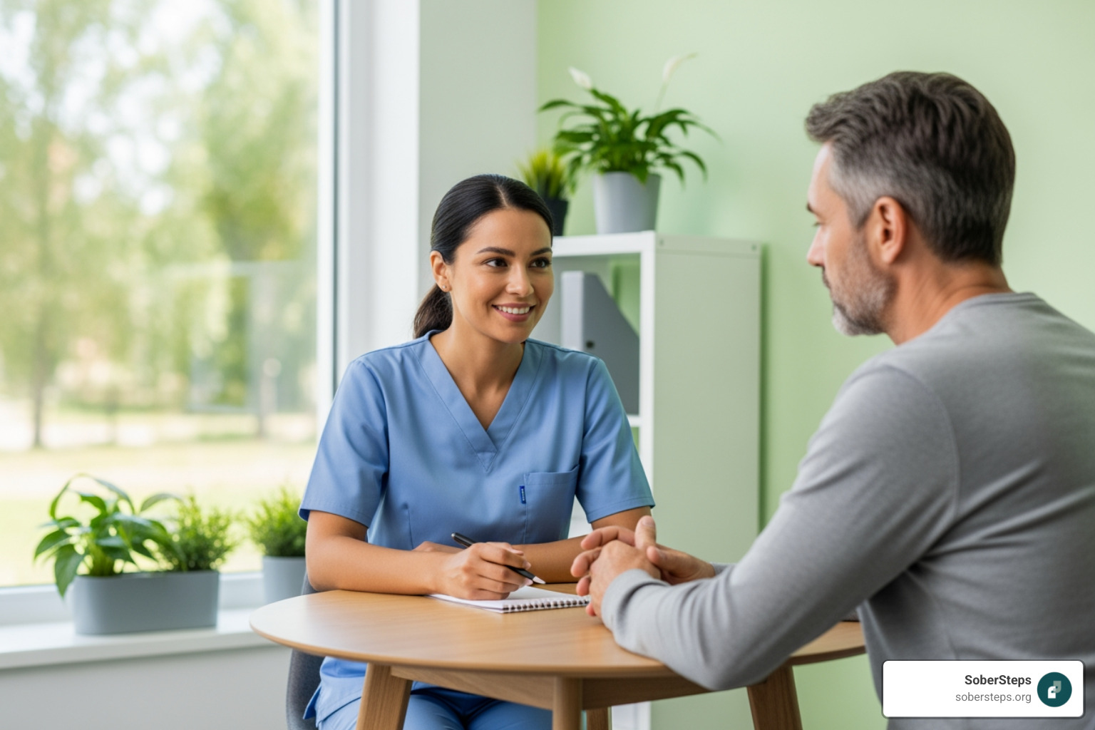 A compassionate medical professional talking with a patient during detox - alcohol detox near