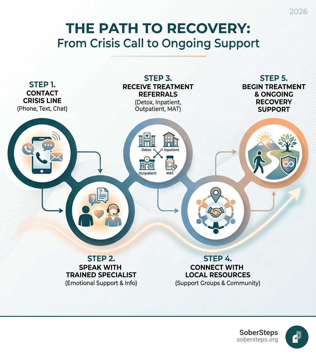 Infographic showing the path from making a crisis call to receiving ongoing recovery support: Step 1 - Contact a crisis line (phone, text, or chat); Step 2 - Speak with a trained specialist who provides emotional support and information; Step 3 - Receive referrals to treatment options including detox, inpatient, outpatient, and MAT; Step 4 - Connect with local resources and support groups; Step 5 - Begin treatment and ongoing recovery support - addiction crisis line infographic Infographic showing the path from making a crisis call to receiving ongoing recovery support: Step 1 - Contact a crisis line (phone, text, or chat); Step 2 - Speak with a trained specialist who provides emotional support and information; Step 3 - Receive referrals to treatment options including detox, inpatient, outpatient, and MAT; Step 4 - Connect with local resources and support groups; Step 5 - Begin treatment and ongoing recovery support - addiction crisis line infographic