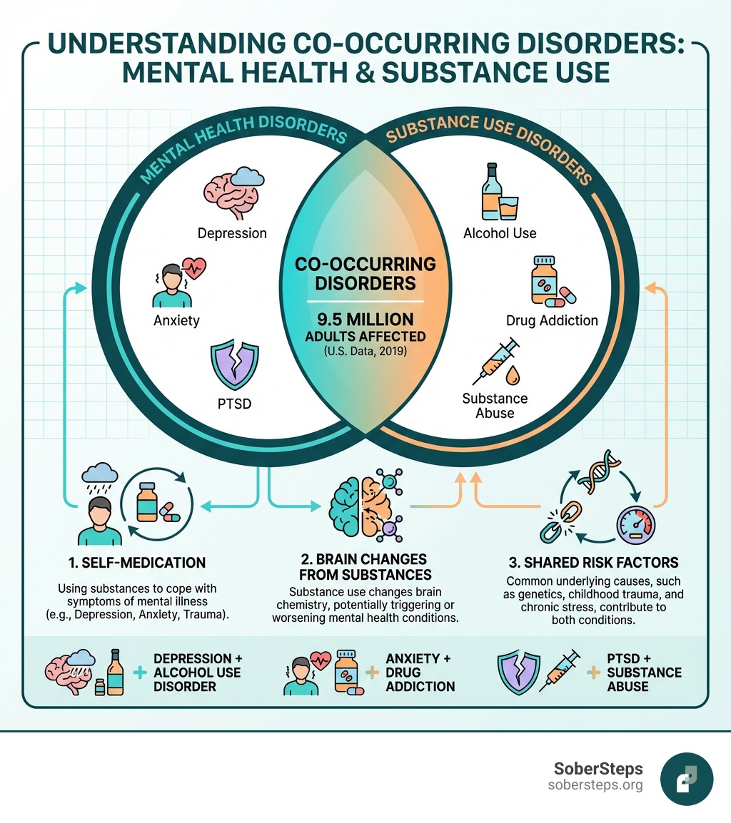 Infographic showing the relationship between mental health disorders and substance use disorders, including: a Venn diagram with overlapping circles labeled "Mental Health Disorders" and "Substance Use Disorders" with the overlap labeled "Co-Occurring Disorders"; statistics showing 9.5 million adults affected; common examples like depression with alcohol use disorder, anxiety with drug addiction, PTSD with substance abuse; and three pathways connecting them: self-medication, brain changes from substances, and shared risk factors like genetics and trauma - dual diagnosis vs co-occurring disorders infographic 