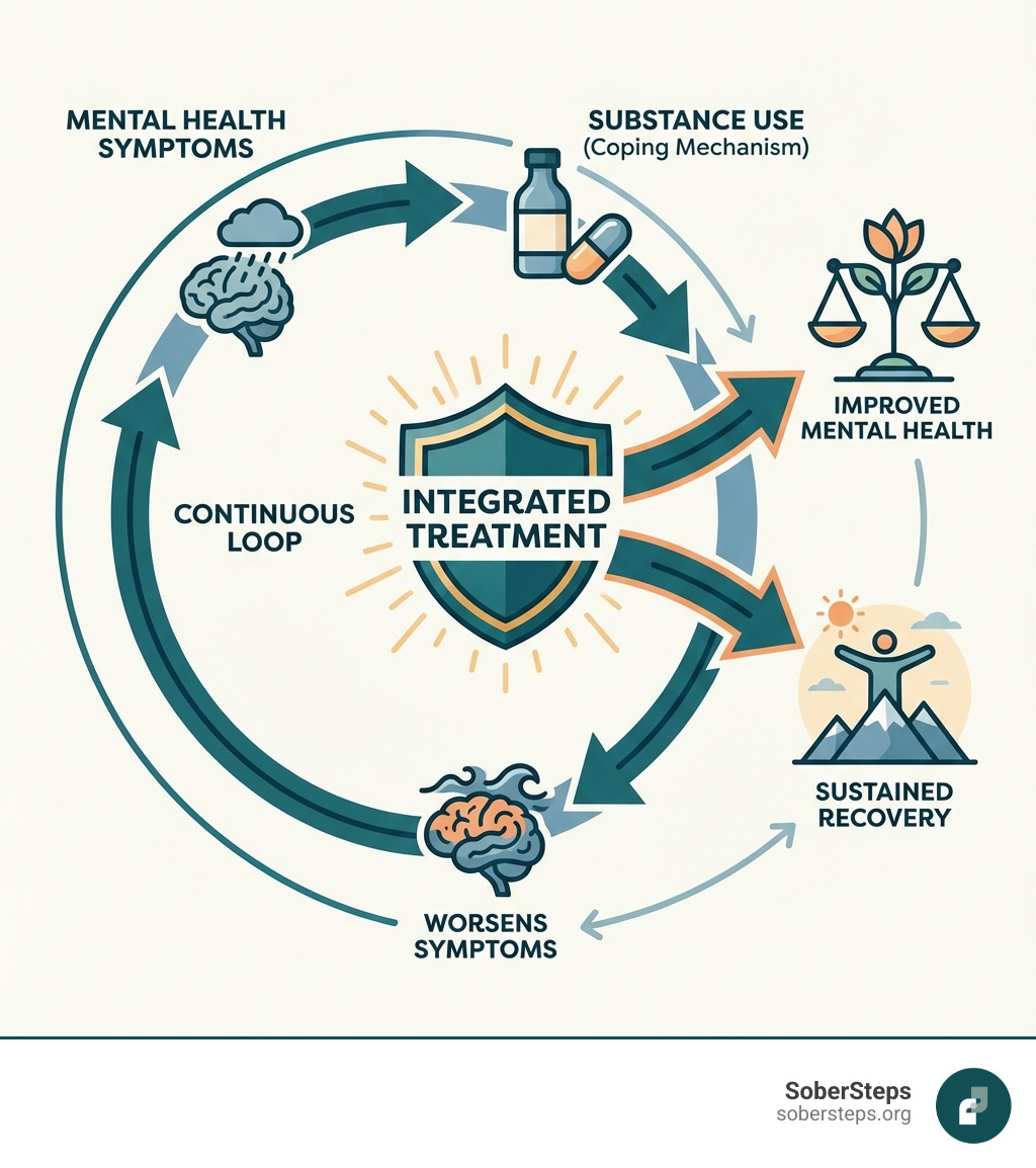 Infographic showing the cycle of dual diagnosis: mental health symptoms leading to substance use as a coping mechanism, which then worsens mental health symptoms, creating a continuous loop. The center shows "Integrated Treatment" as the key to breaking this cycle, with arrows pointing to improved mental health and sustained recovery. - dual diagnosis workbook pdf infographic Infographic showing the cycle of dual diagnosis: mental health symptoms leading to substance use as a coping mechanism, which then worsens mental health symptoms, creating a continuous loop. The center shows "Integrated Treatment" as the key to breaking this cycle, with arrows pointing to improved mental health and sustained recovery. - dual diagnosis workbook pdf infographic